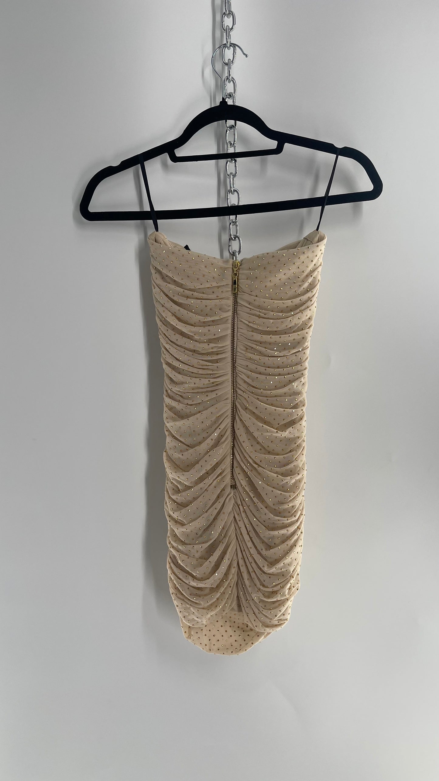 Vintage BEBE Beige Gold Studded, Ruched Mini Dress with Built In Corset (XXS)