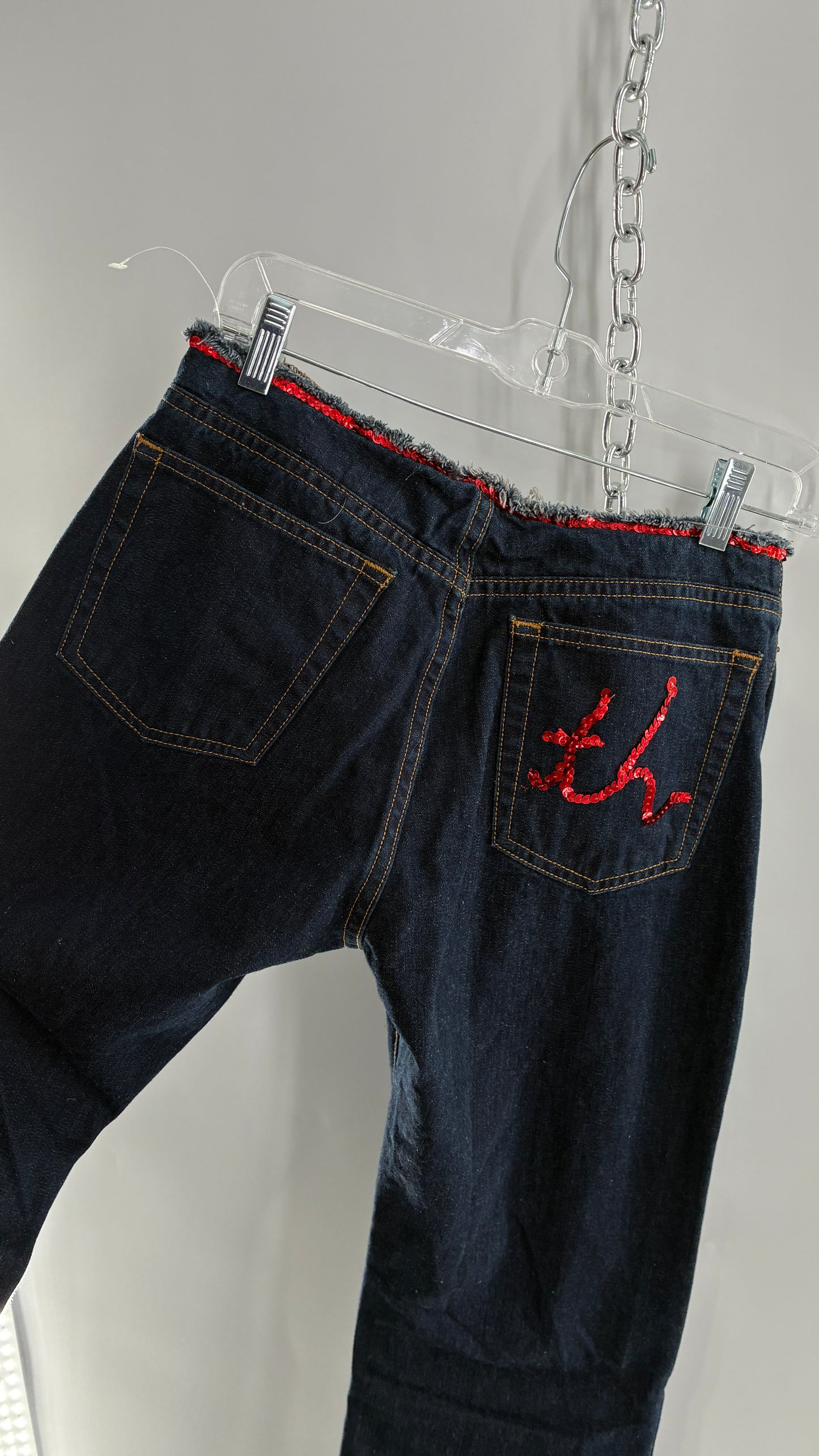 Vintage Tommy Hilfiger Low Rise Jeans with Frayed Waist Lined in Red Sequins (7)