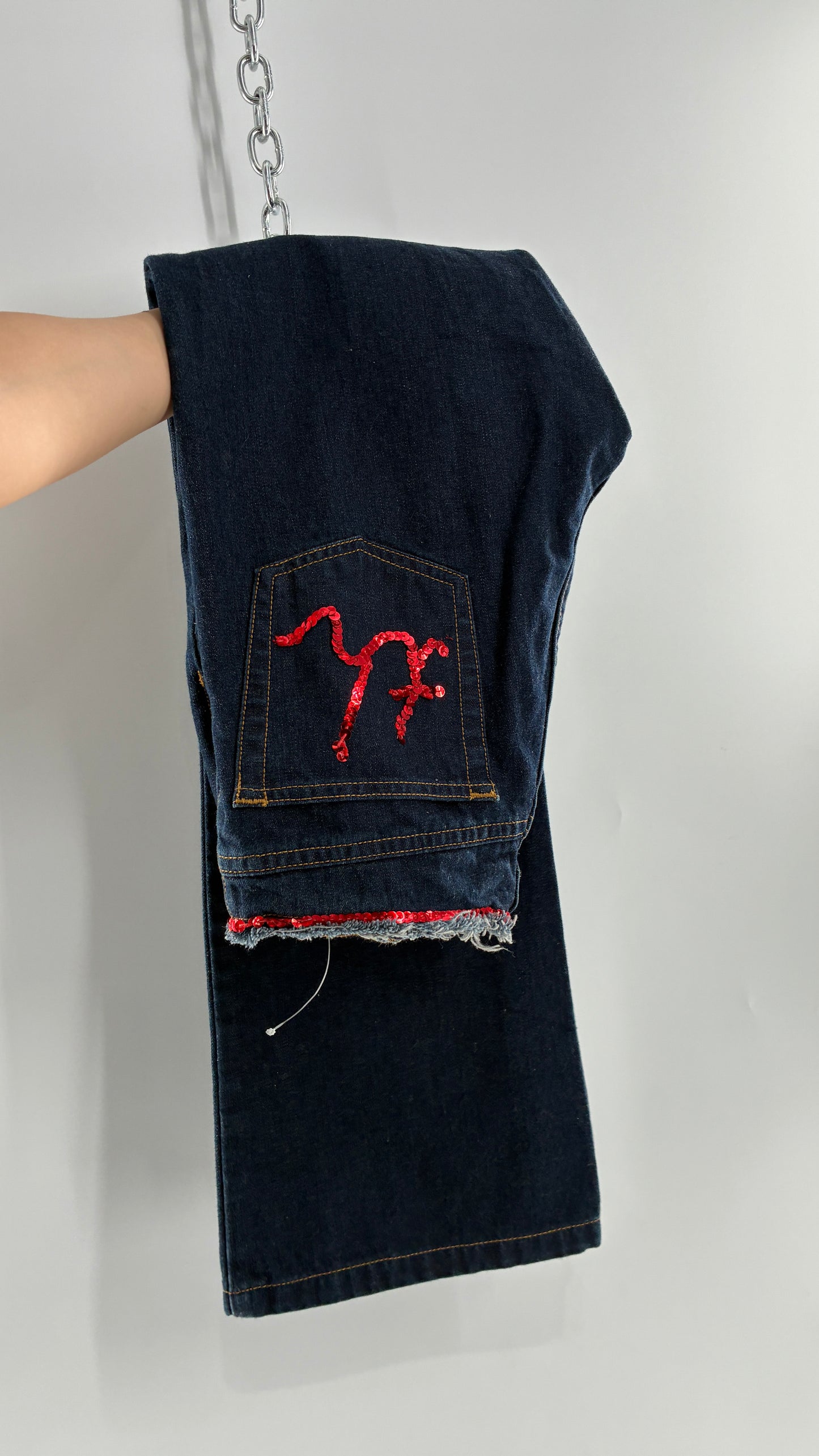 Vintage Tommy Hilfiger Low Rise Jeans with Frayed Waist Lined in Red Sequins (7)