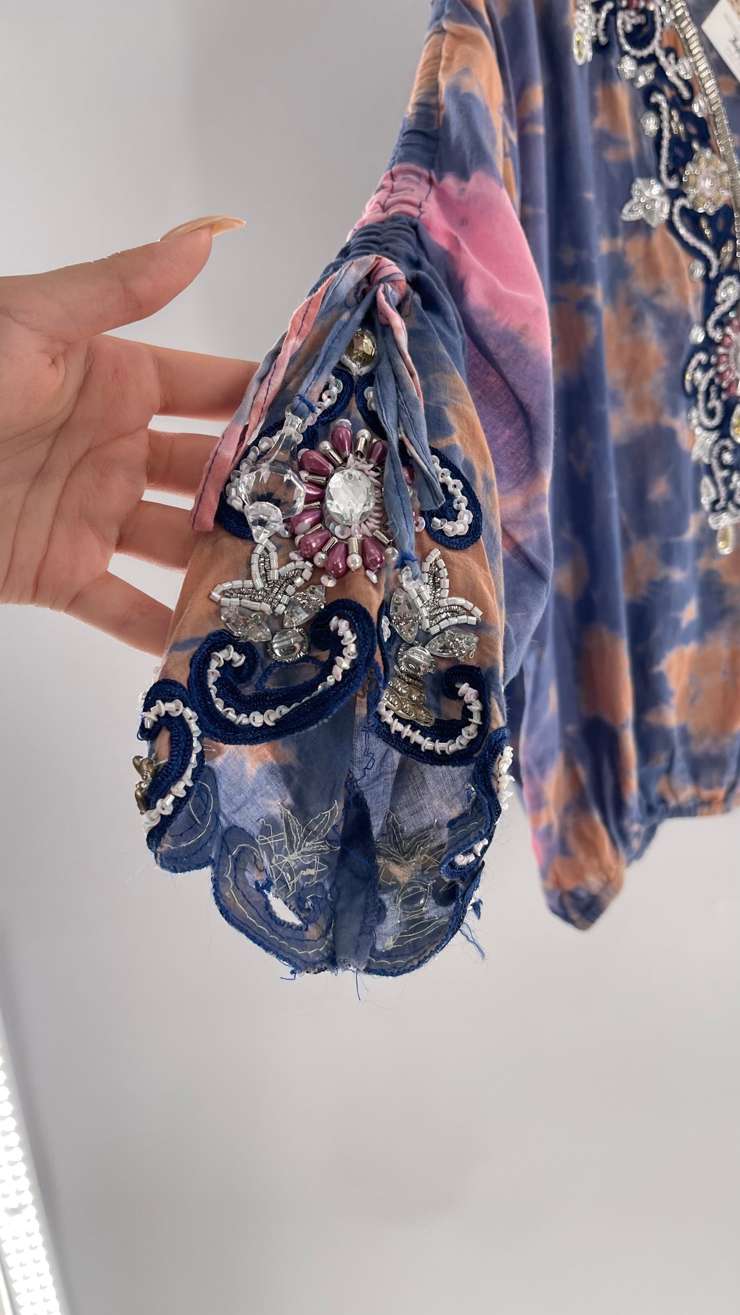 TAJ by Sabrina Crippa Tie Dye Blouse with Gemstone Encrusted Neckline and Ruched Beaded Sleeves (S/M)