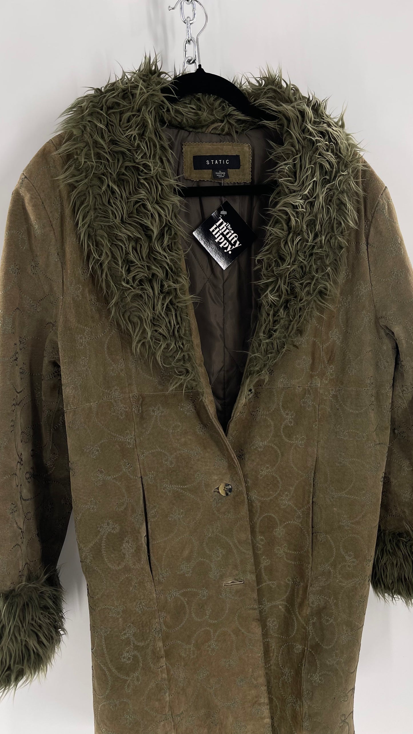 Vintage STATIC Embroidered Genuine Leather Coat with Fur Cuffs and Collar (C) (XL)