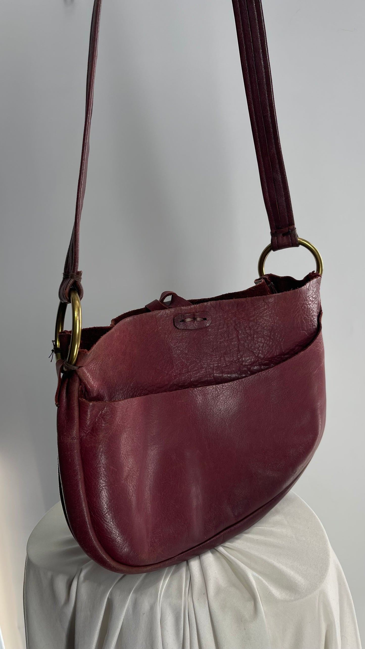 Vintage Burgundy Leather Saddle Bag with Gold Hardware