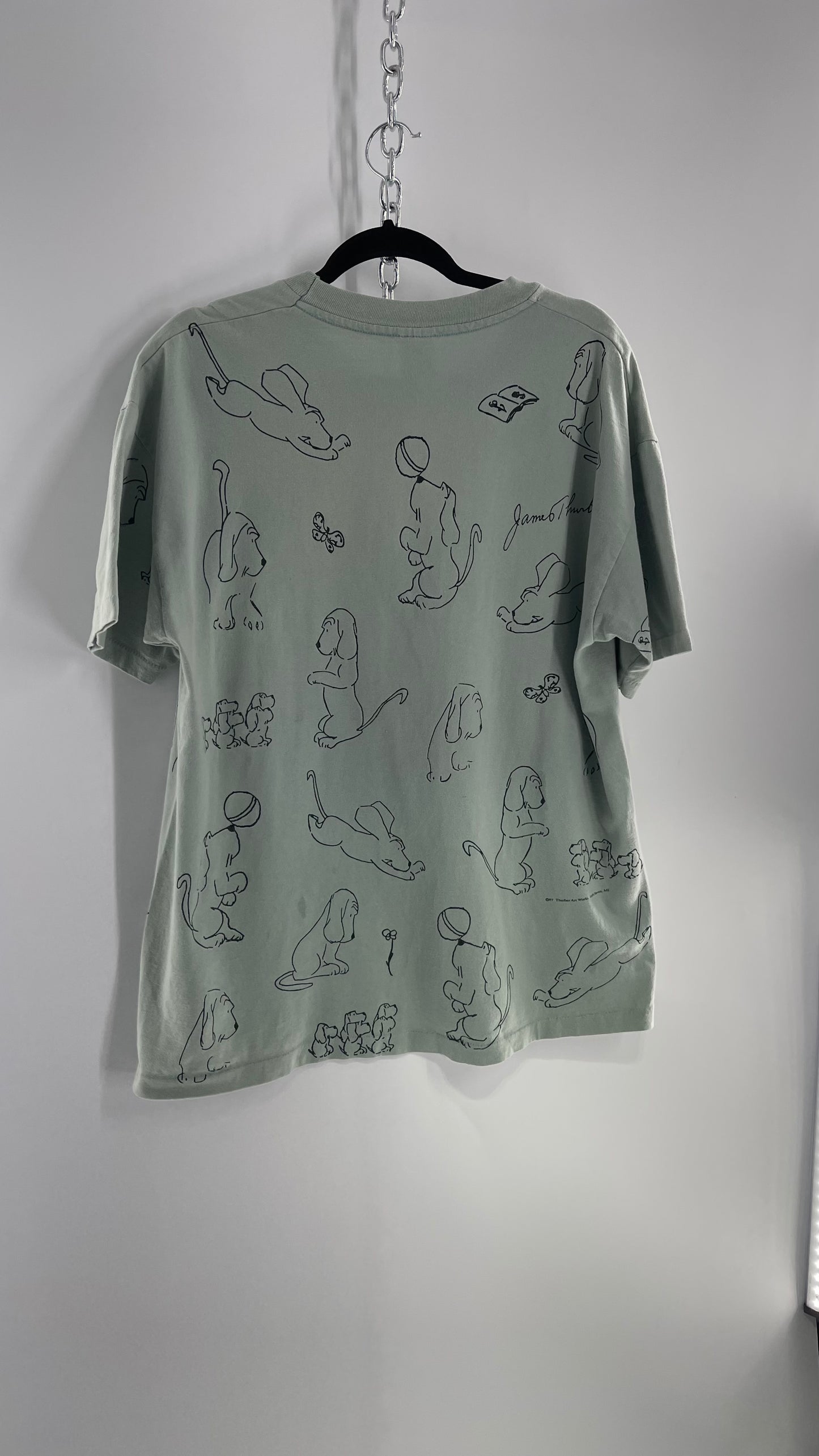 Vintage James Thurber Light Sage Nostalgic Puppy Doodle Comic Sketch T Shirt (XL)