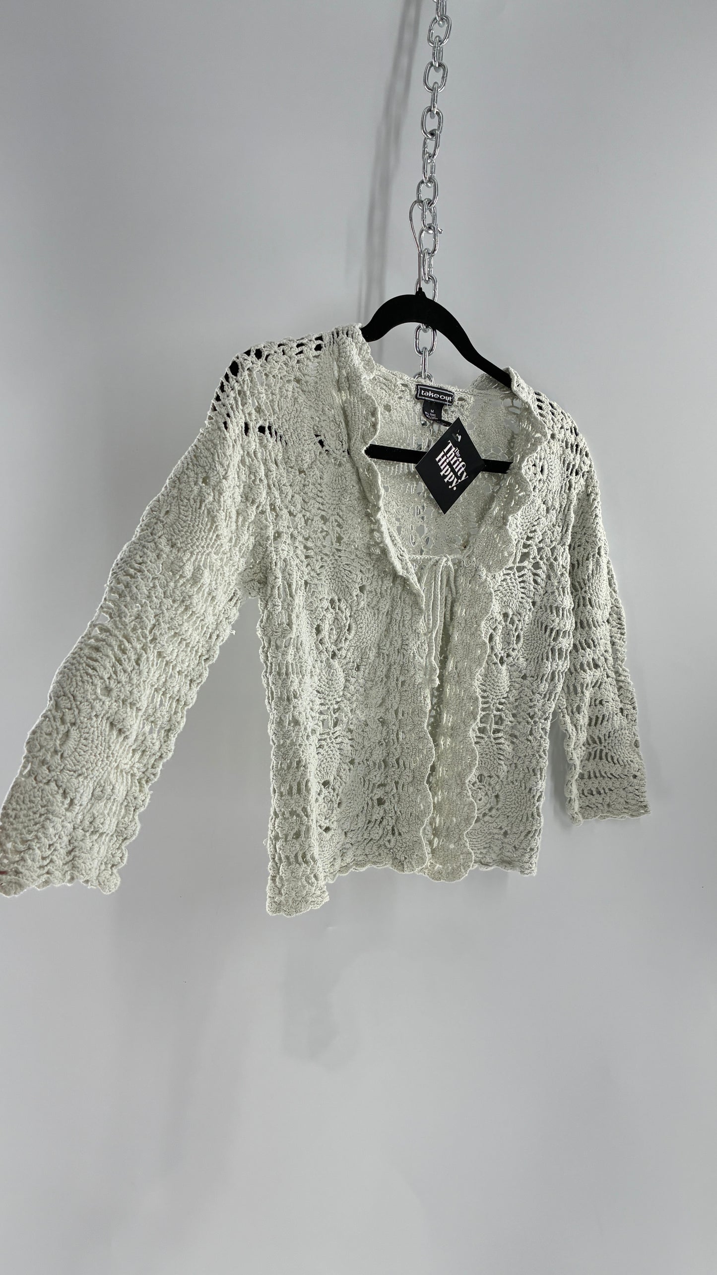 Vintage TAKEOUT Grey Crochet Knit Tie Bust Cardigan Top (Medium)