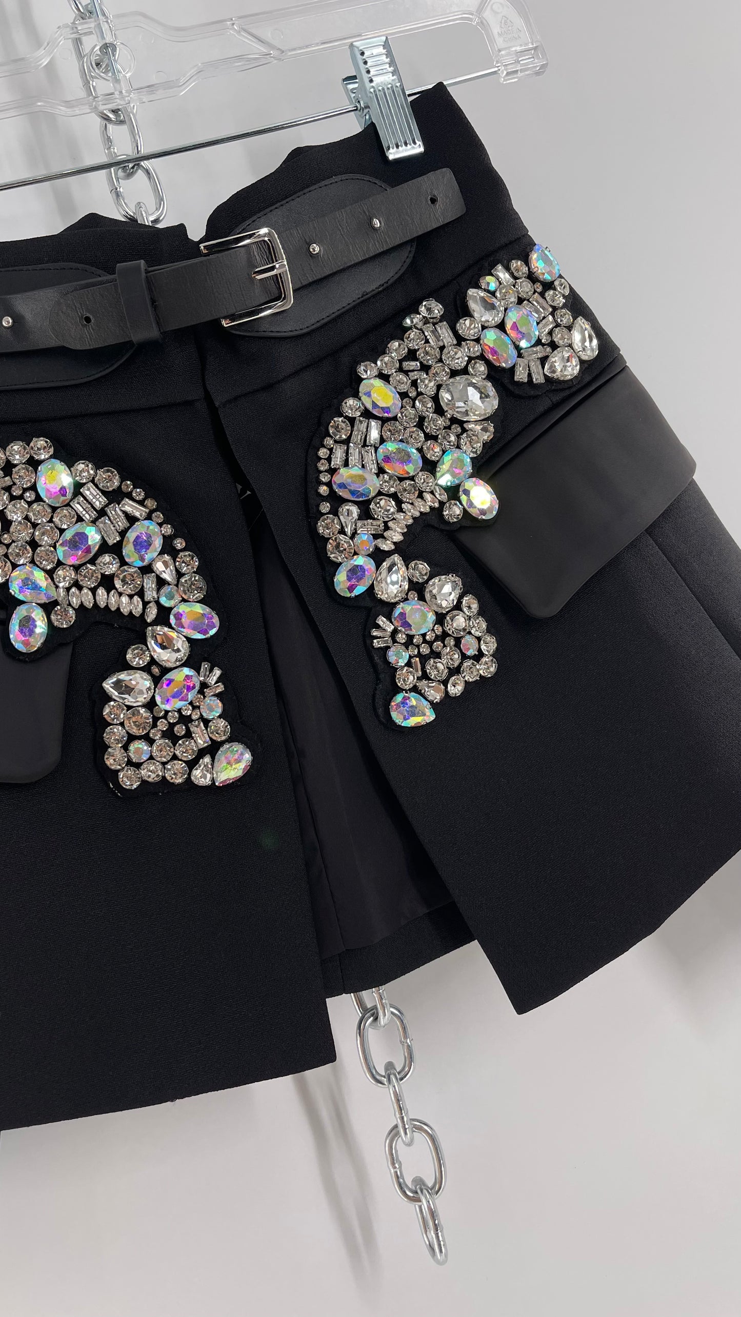 Black Skirt Belt Covered in Crystal Embellishments with Satin Flap Pockets (Medium)