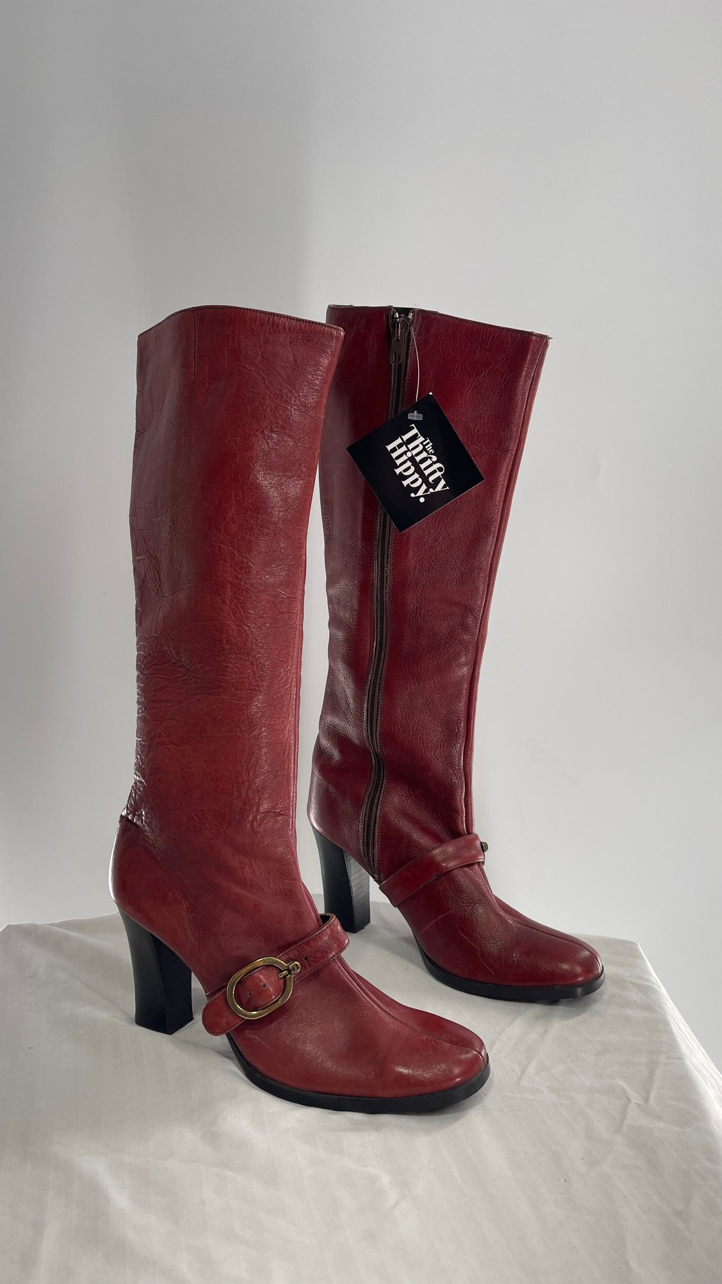 Vintage Etienne Aigner Red Italian Leather Boots with Buckle Strap (8.5)