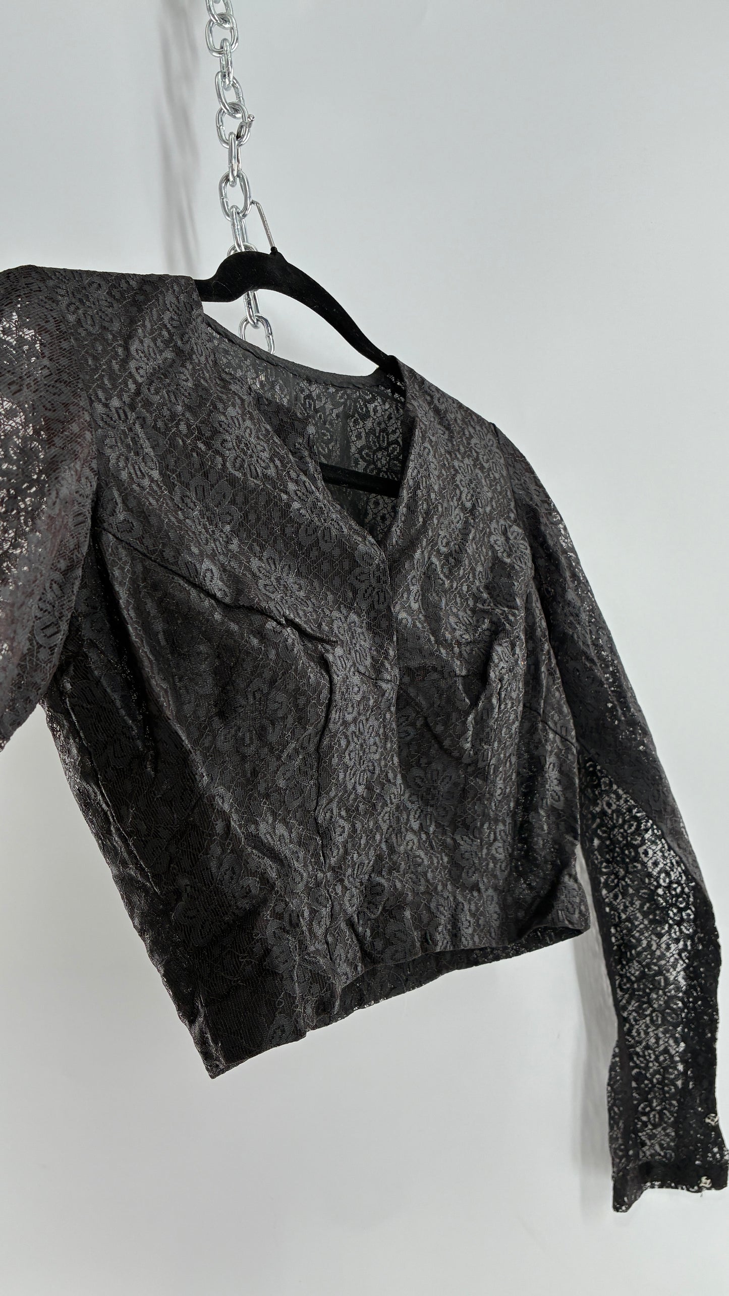 Vintage 1950s Ladies Own Black Lace Cropped Long Sleeve with Bust Stitching (Small)