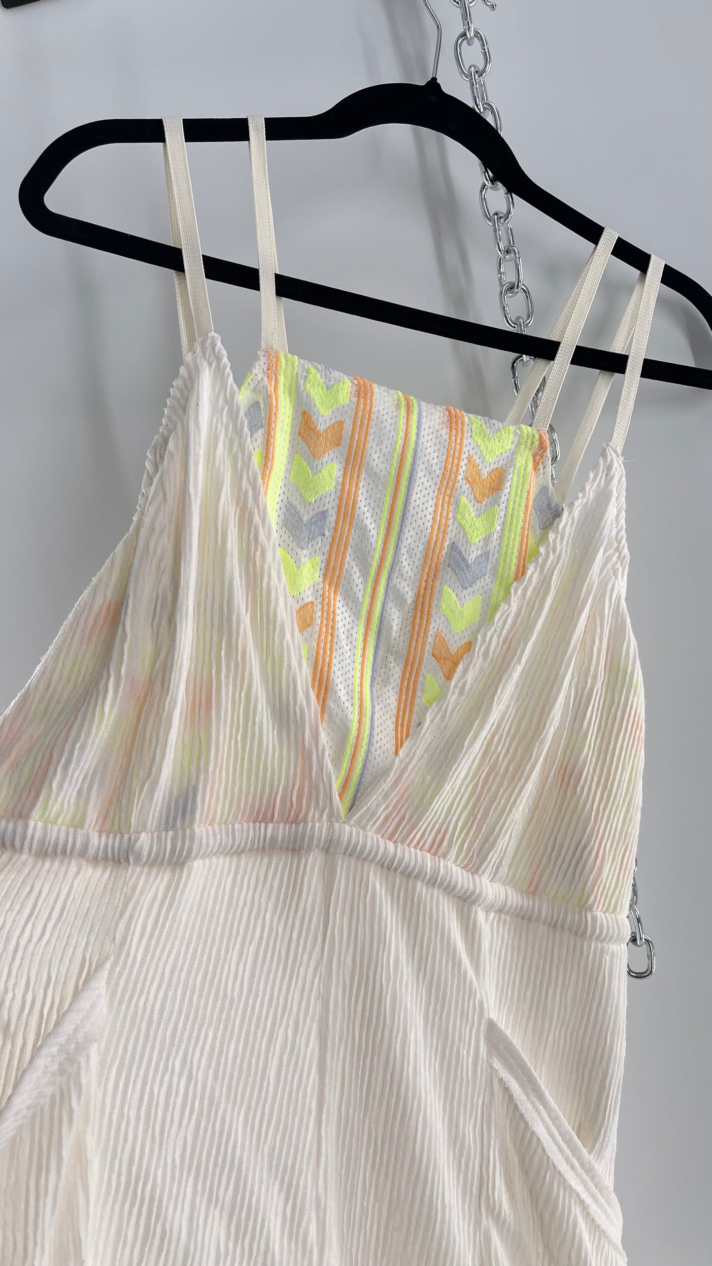 Free People Movement Cream Ribbed Jumpsuit with Yellow/Orange Embroidered Details and Waist Cinching Drawstring (Small)