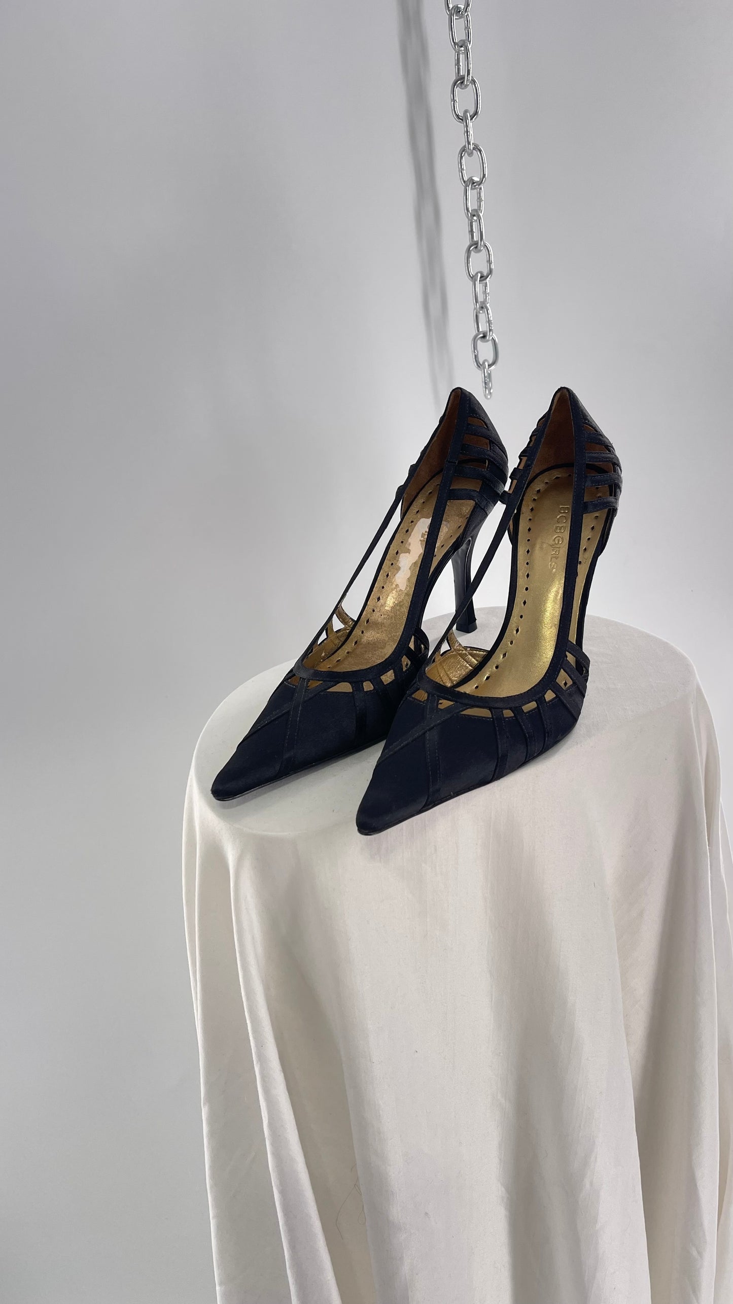 Vintage BCBGirls Black Satin Pointed Toe Heel with Strap Detailing (9.5)
