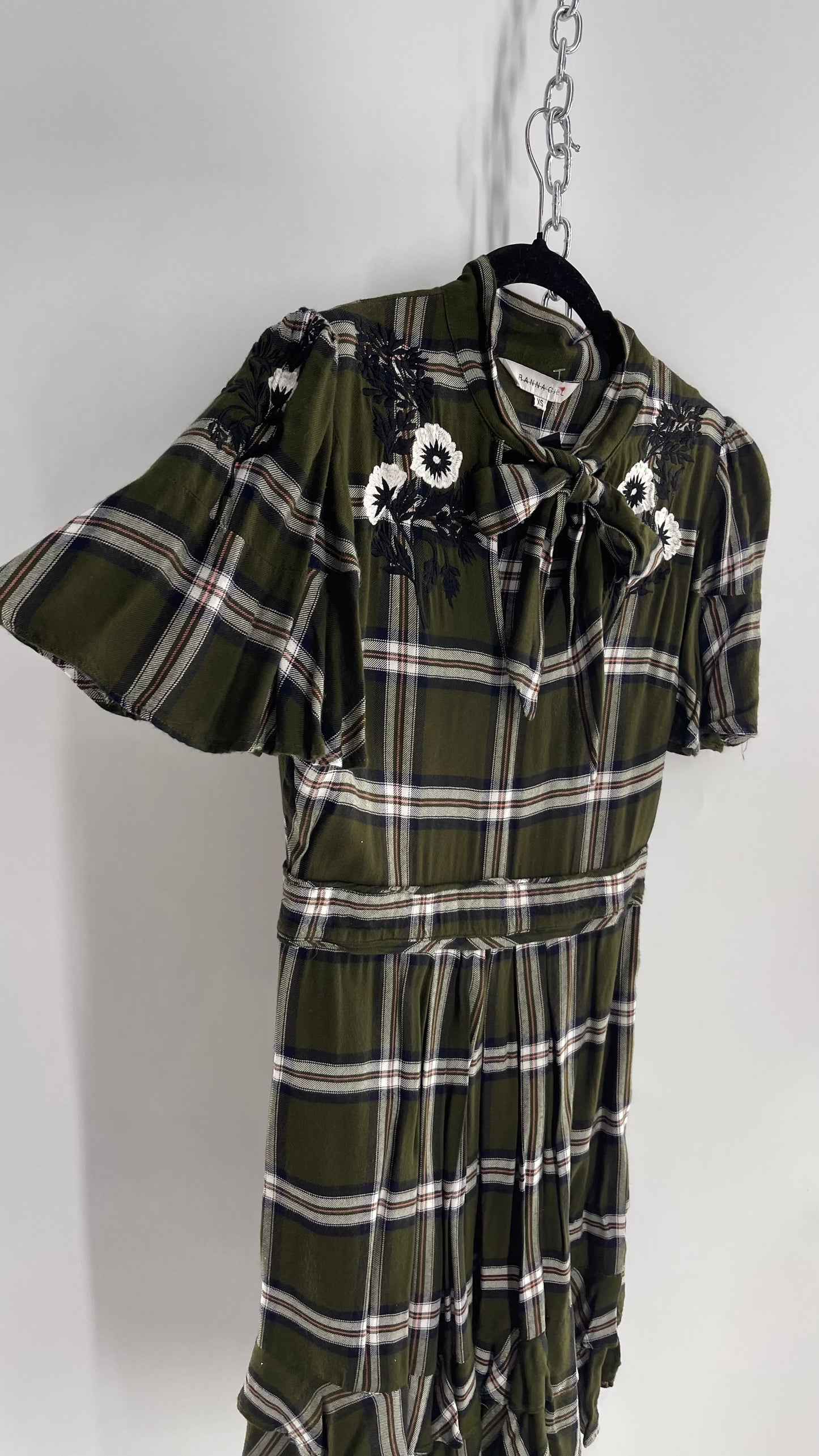 Ranna Gill Anthropologie Army Green Plaid Dress with Floral Embroidery and Bow Tie Detail (XS)