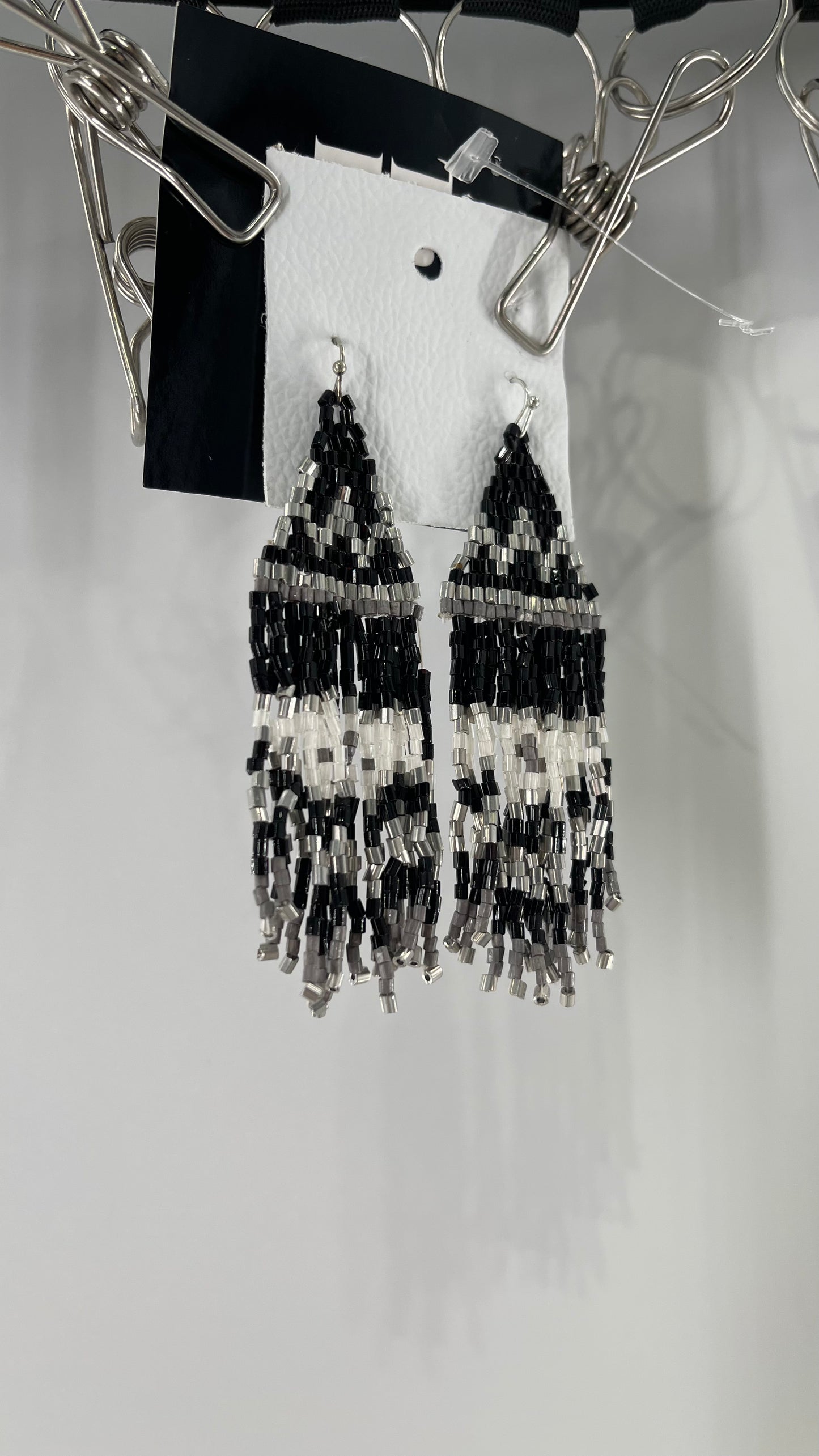 Free People Beaded Bohemian Black White Silver Earring with Tags Attached