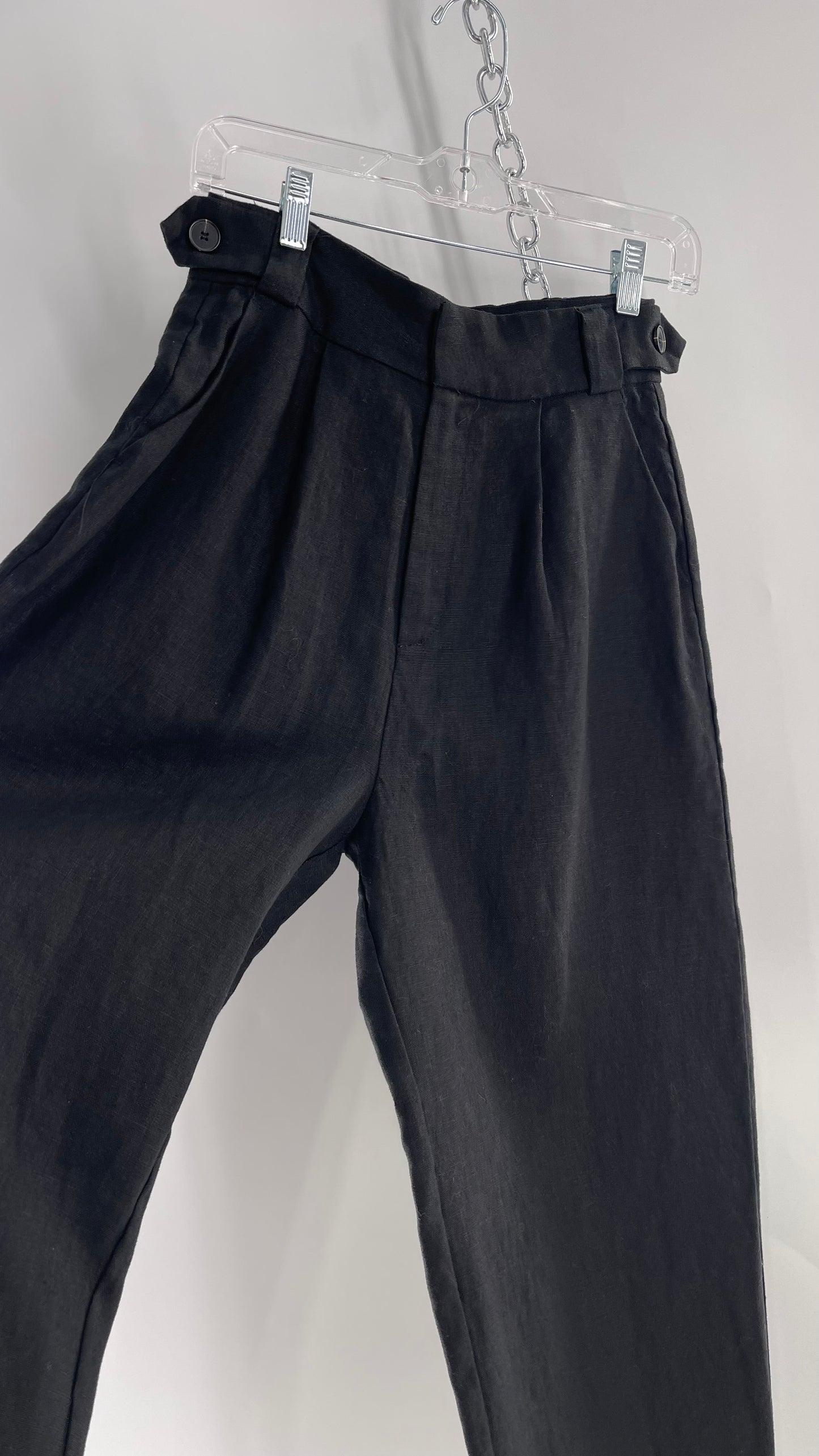 Thrills Black Thick Linen Trouser with Side Buttons and Pleating (4)
