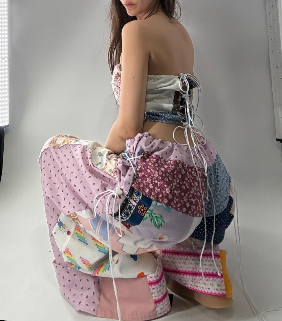 Vintage Handmade Patchwork Picnic Princess 2 Piece Set (XS-XL One Size)
