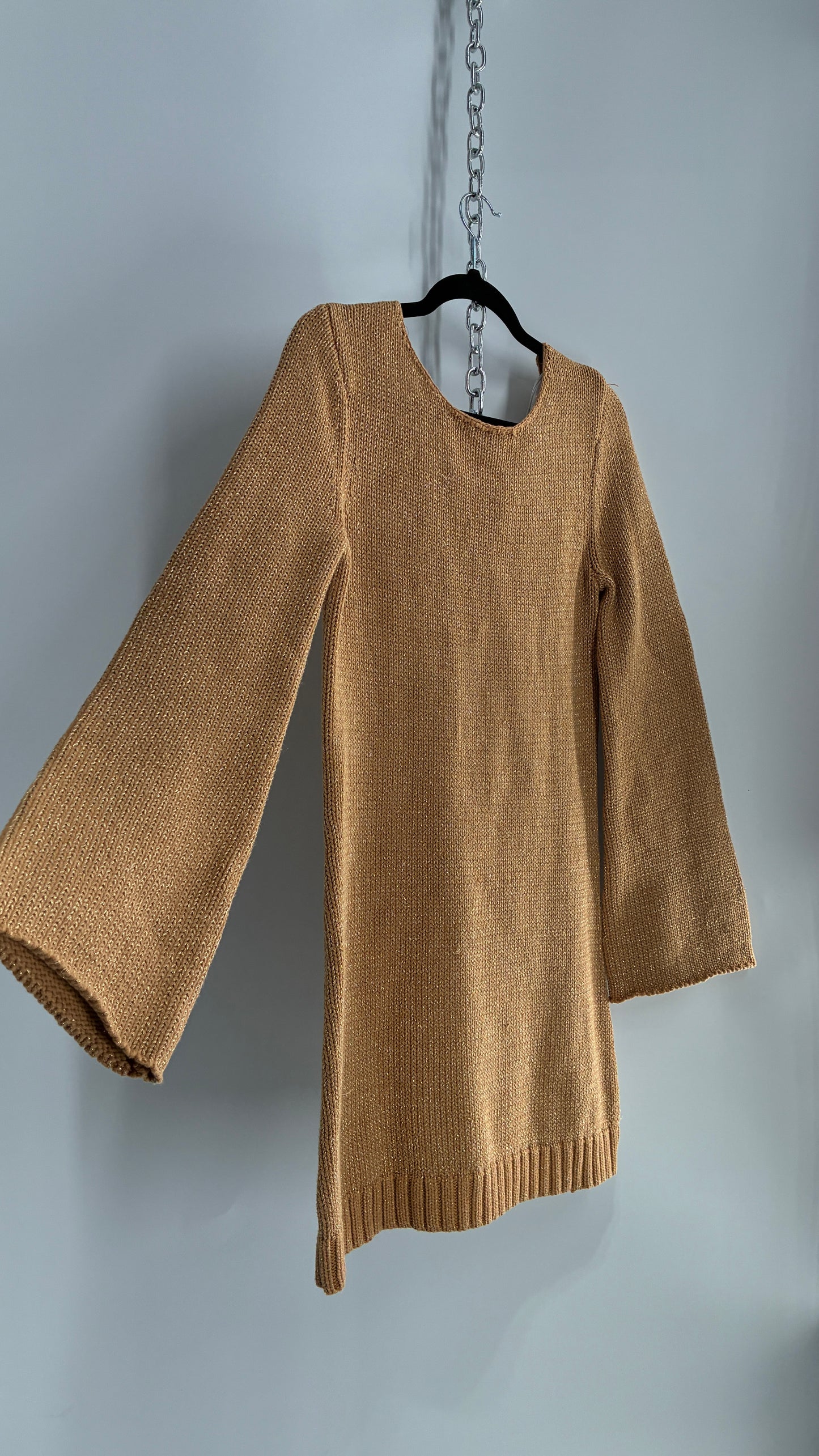 Some Days Lovin Gold Tinsel Knit Bell Sleeve Mini Dress (Small)