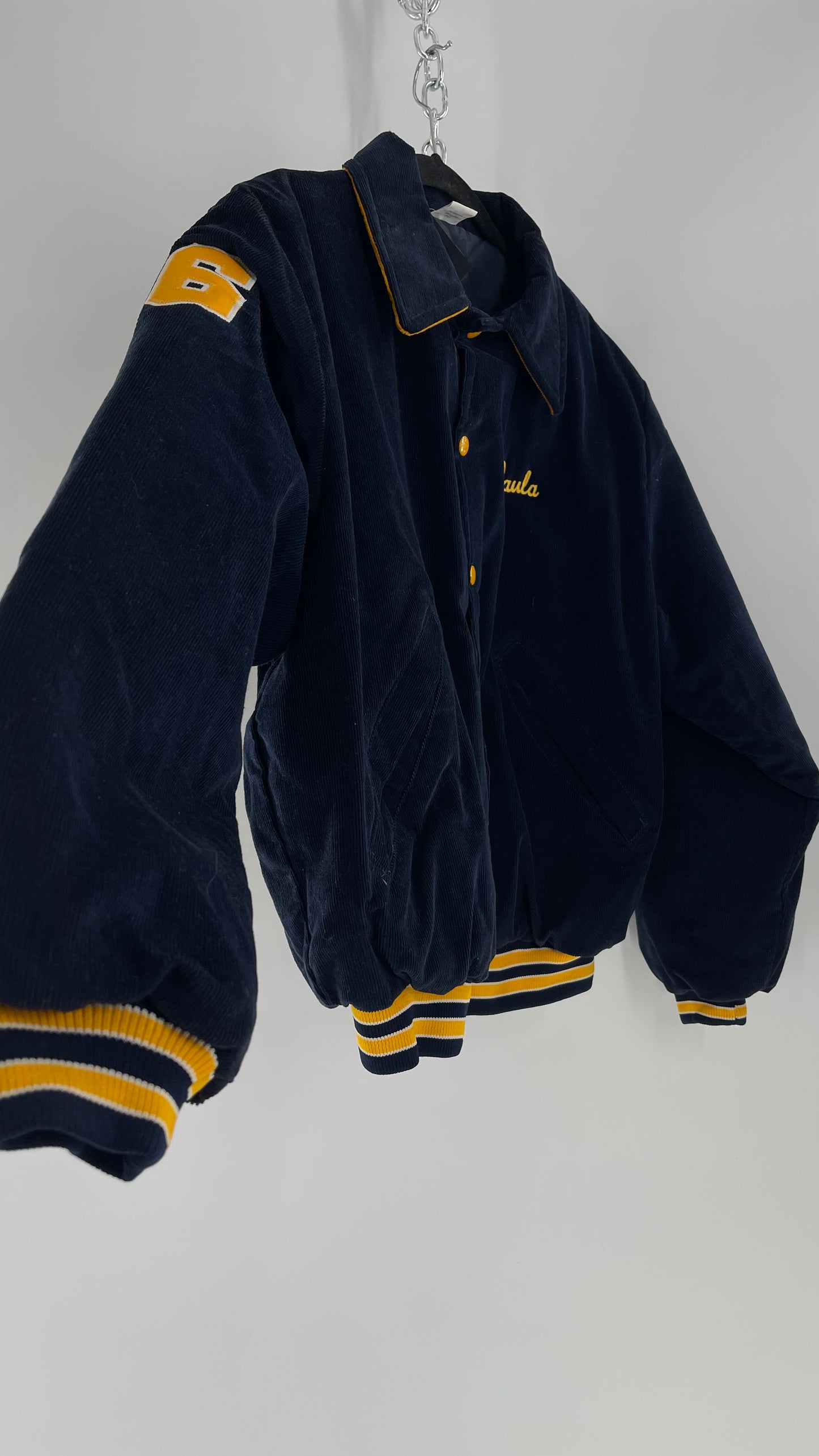 Birdie Vintage Phi Sigma Sigma Navy Blue Corduroy Varsity/Sorority Jacket with Contrast Yellow Patches and Embroidered “Paula” Monogram (Large)