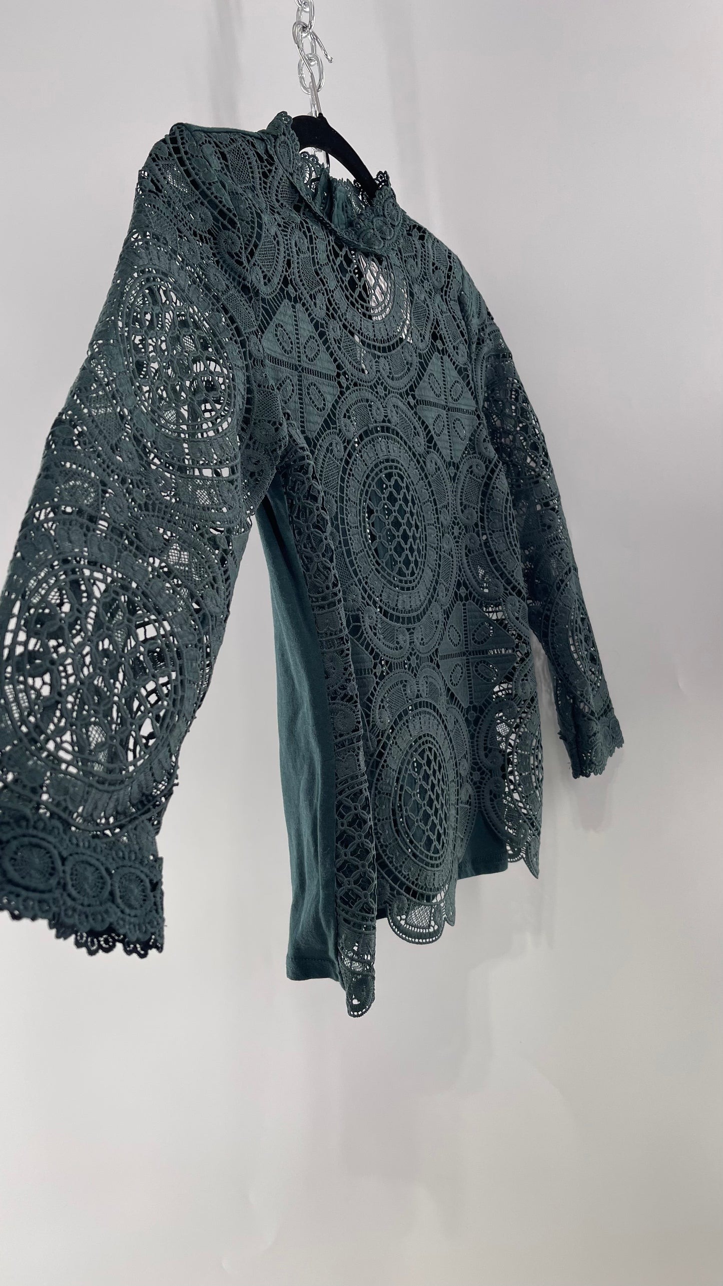James Coviello New York Thick Lace Forest Green Blouse with Button Down Back (XS)