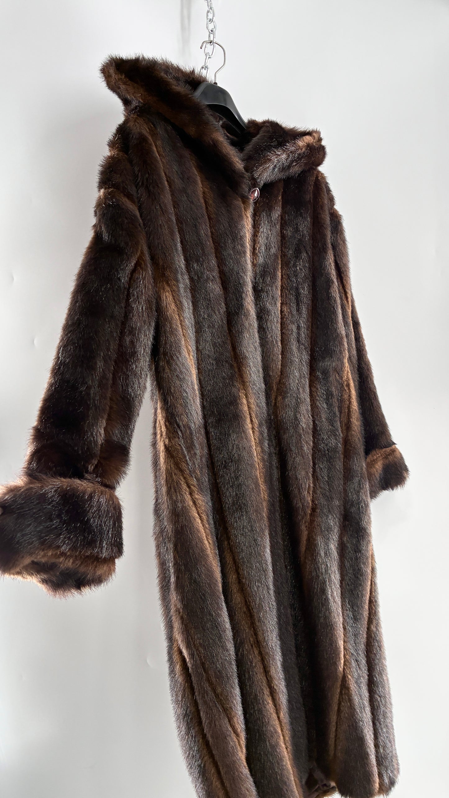 Vintage TALLY HO Hooded and Paneled, Vegan Fur Full Length Coat (Medium)