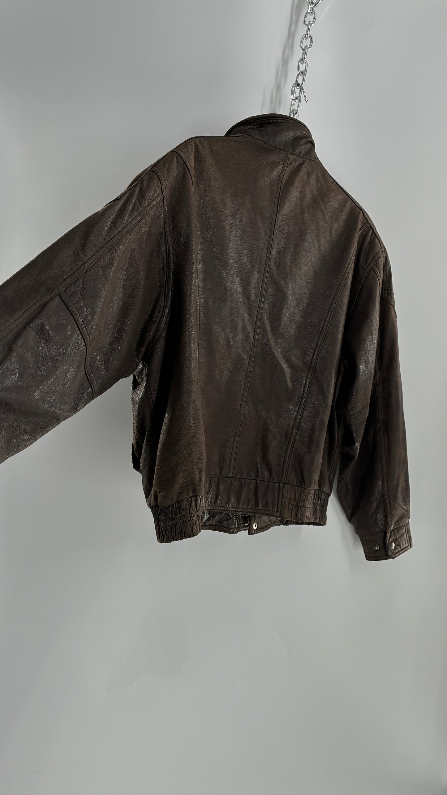 Vintage SAXONY Distressed Leather Bomber Jacket (Medium)