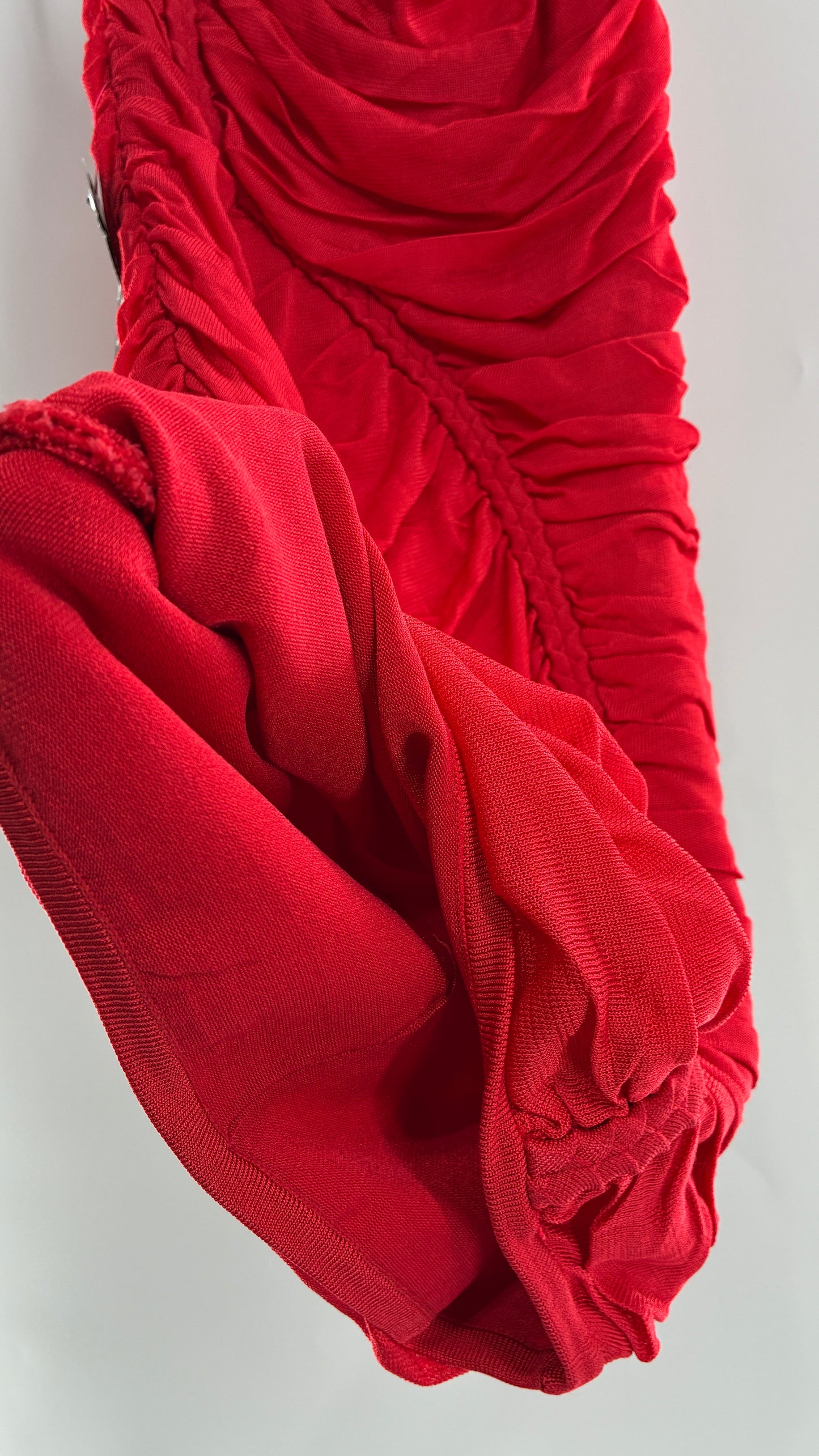 Deadstock Vintage BEBE Red Heavy/Thick Ruched and Roped Mini Dress (Medium)