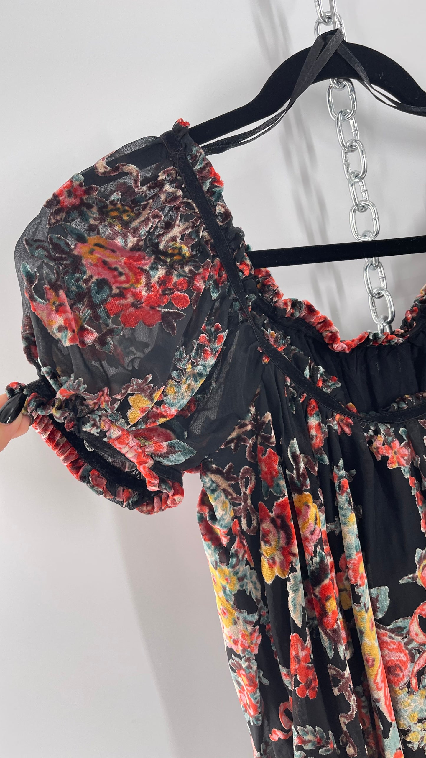 Free People Beautiful Blooms Velvet Florals Babydoll Dress (Small)