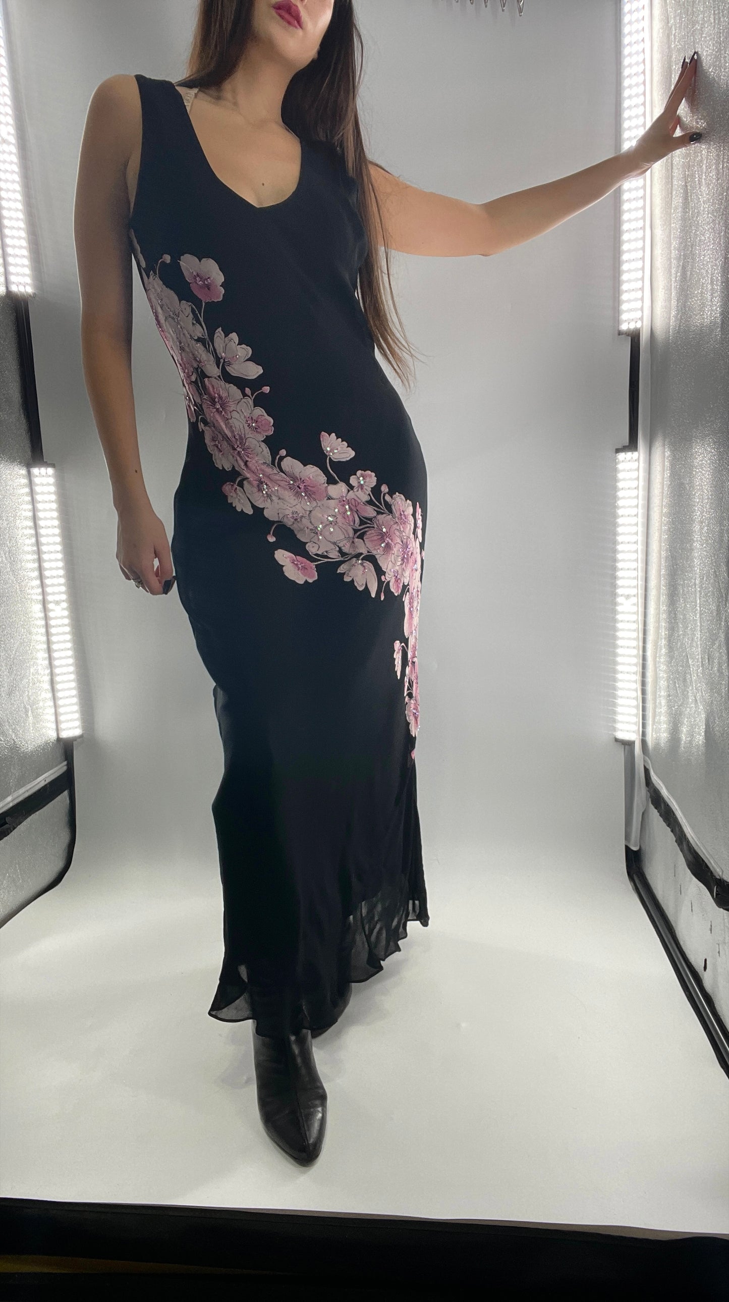 Vintage Dress Barn Black Slinky Maxi Dress with Pink Floral Graphic and Sequins (L)