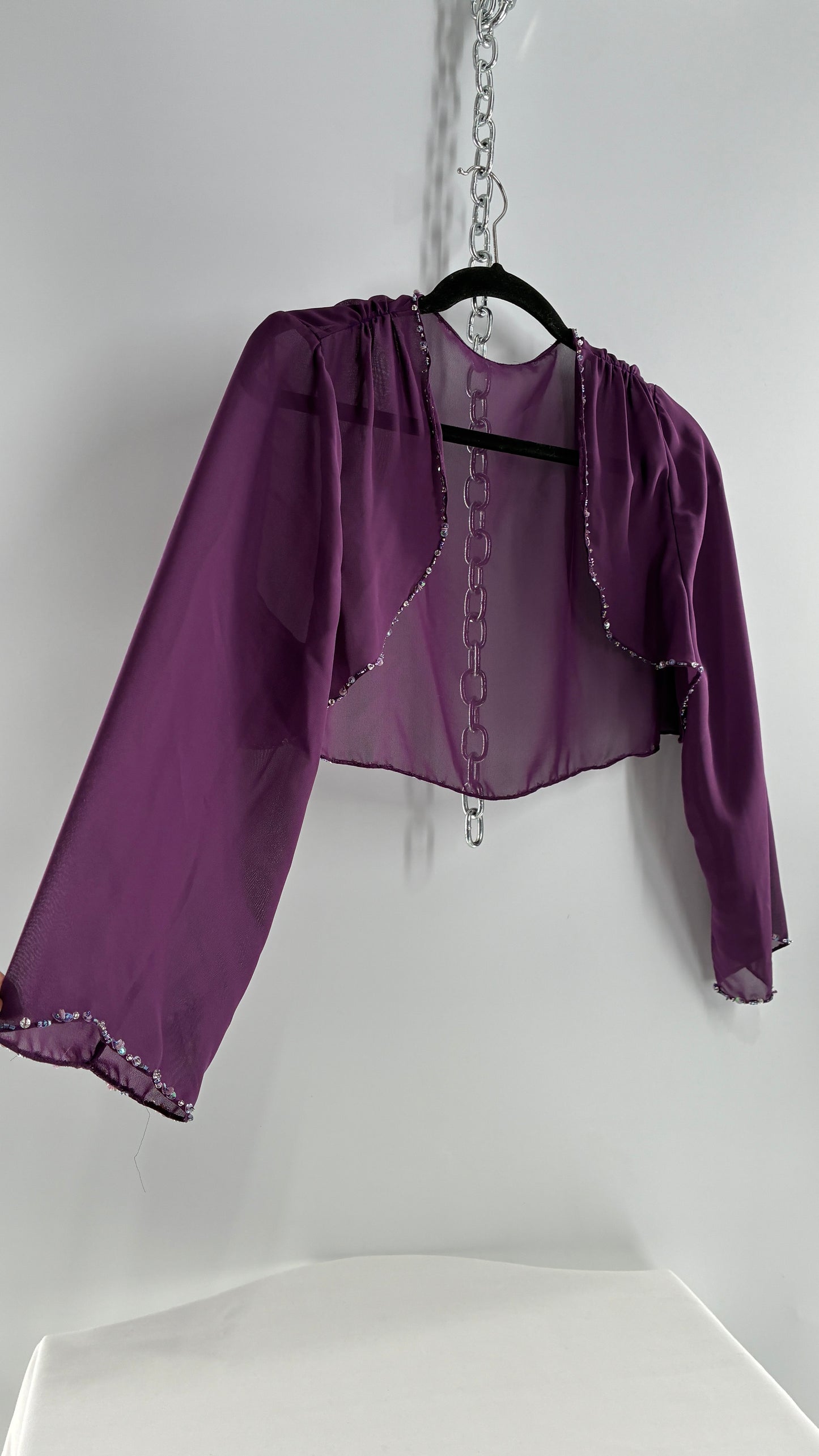 Vintage 1990s Purple Sheer Shrug with Iridescent Beaded Cuffs and Hem (M/L)