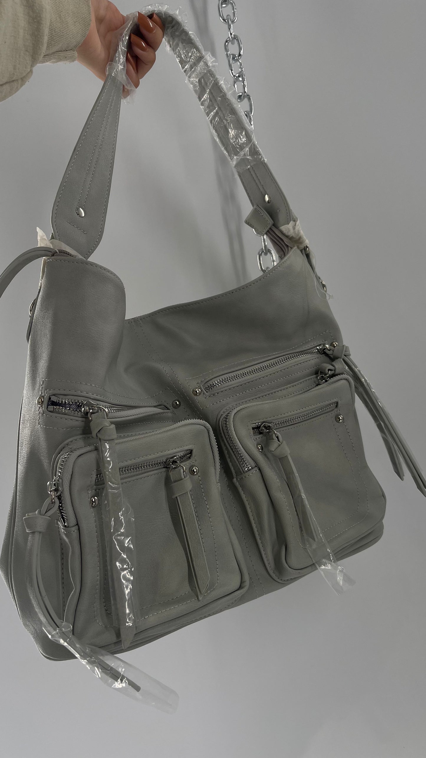 Free People Grey Leather Bag with Heavy Silver Metal Detailing, Pockets and Extra Strap