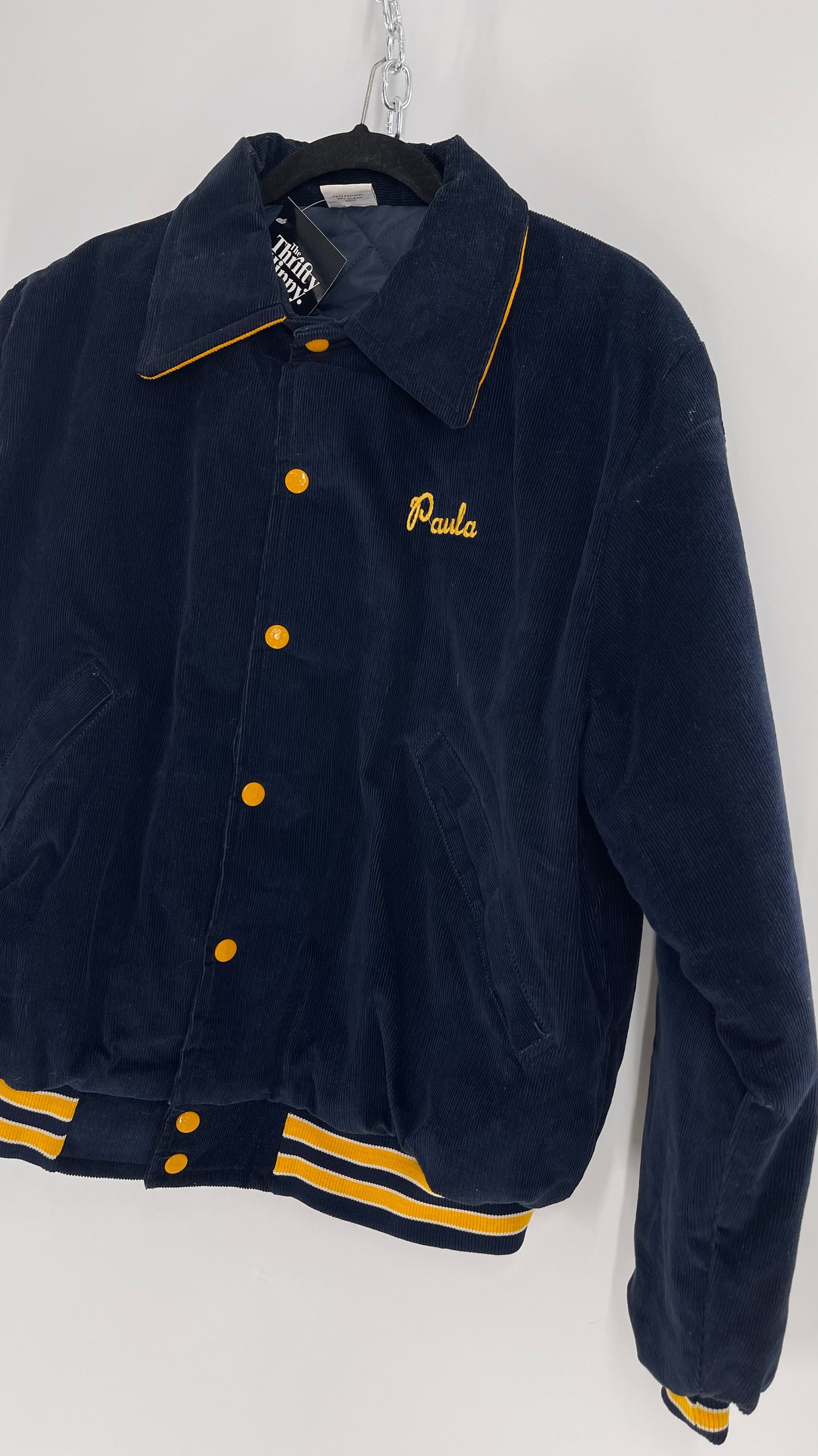 Birdie Vintage Phi Sigma Sigma Navy Blue Corduroy Varsity/Sorority Jacket with Contrast Yellow Patches and Embroidered “Paula” Monogram (Large)