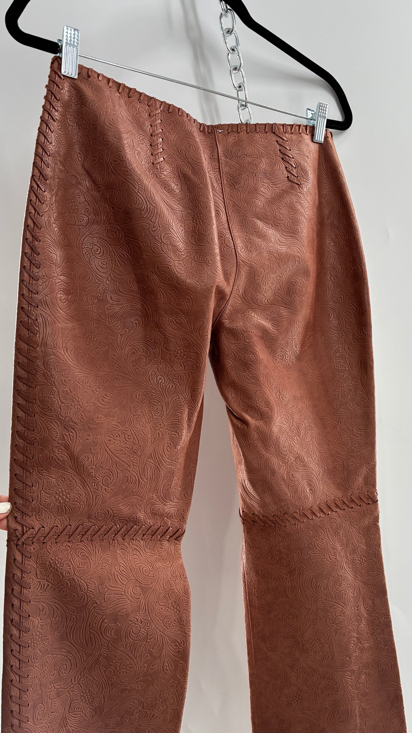 Vintage Embossed Paisley Patterned Genuine Leather Pants with Stitching Details (No Label Unbranded, S)
