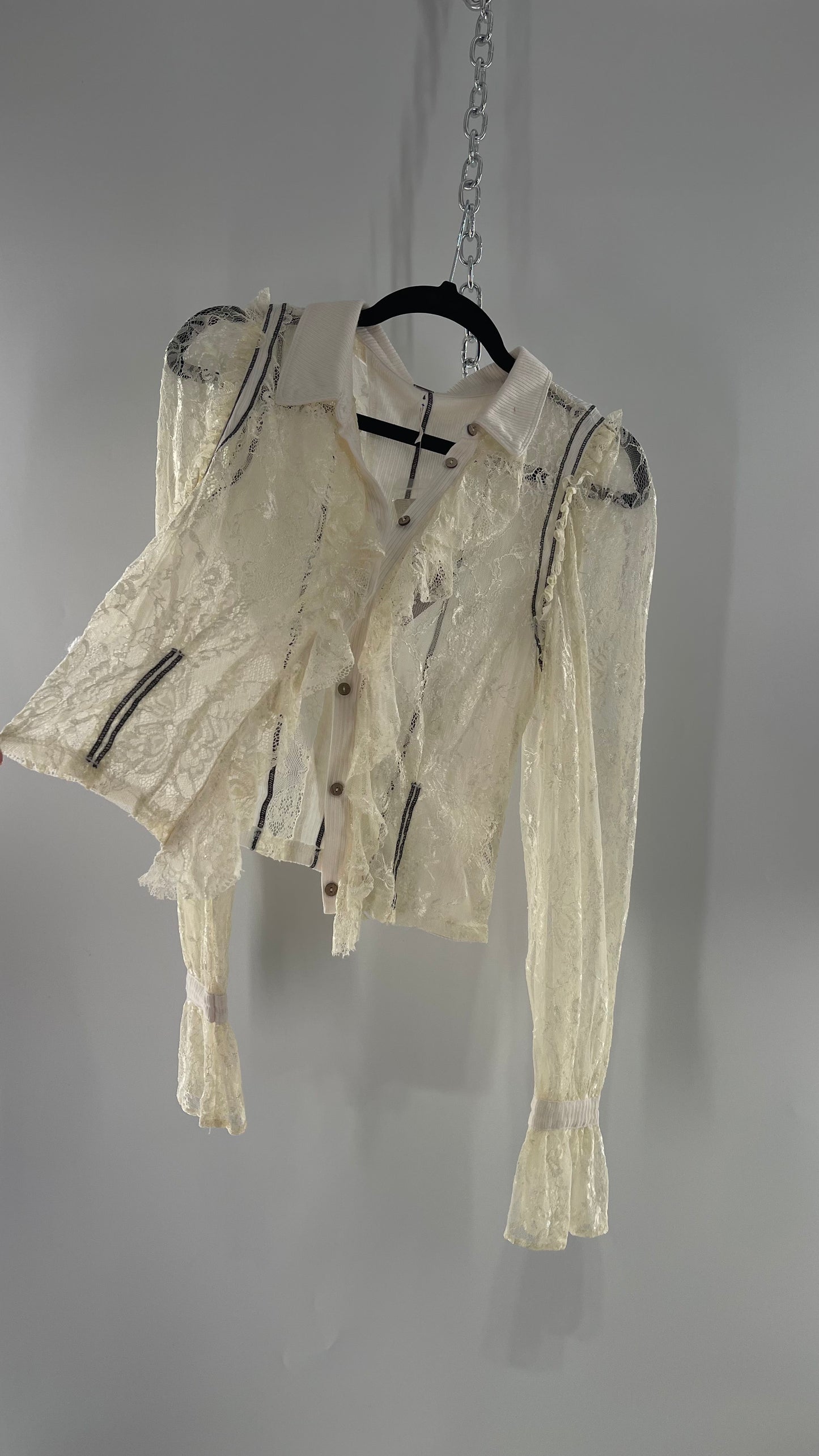 Free People White Lace/Ribbed BodyCon Button Up with Tags Attached (Large)