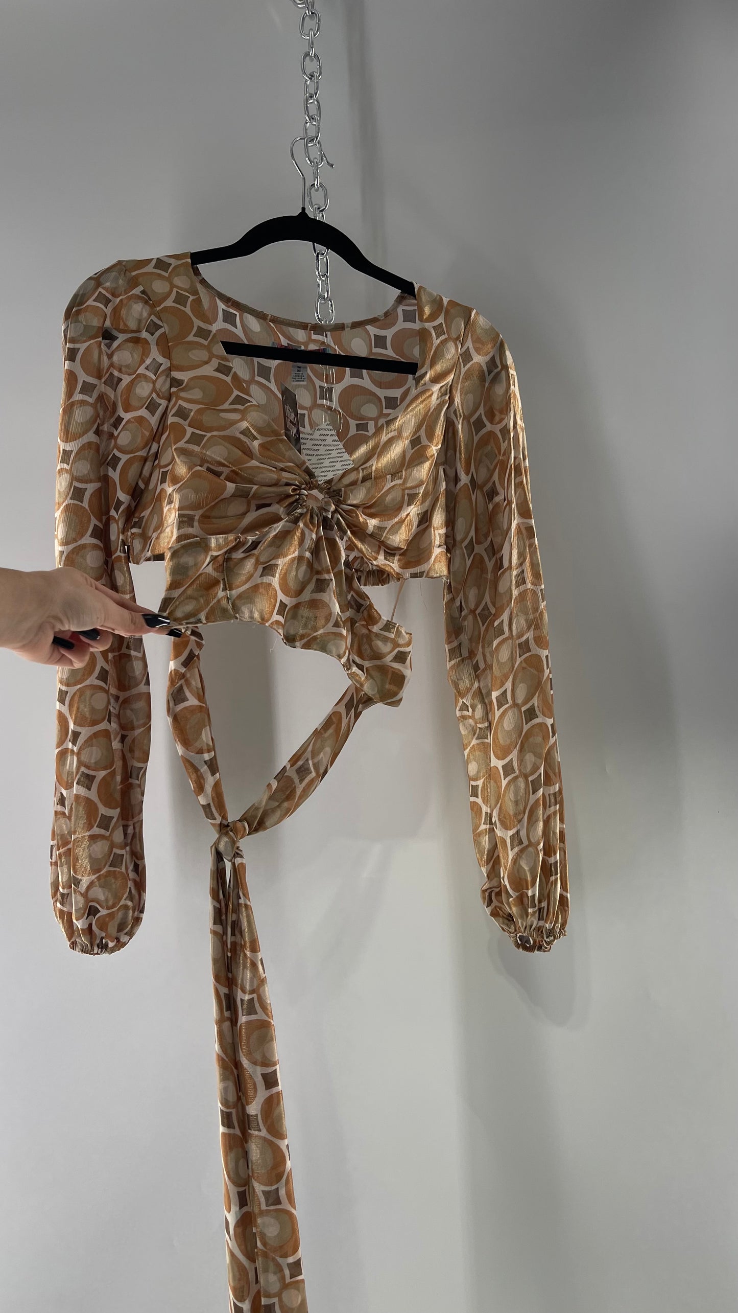 Urban Outfitters Shimmer Top Balloon Sleeve Gold Retro Print Cut Out Tie Around Blouse (Medium)
