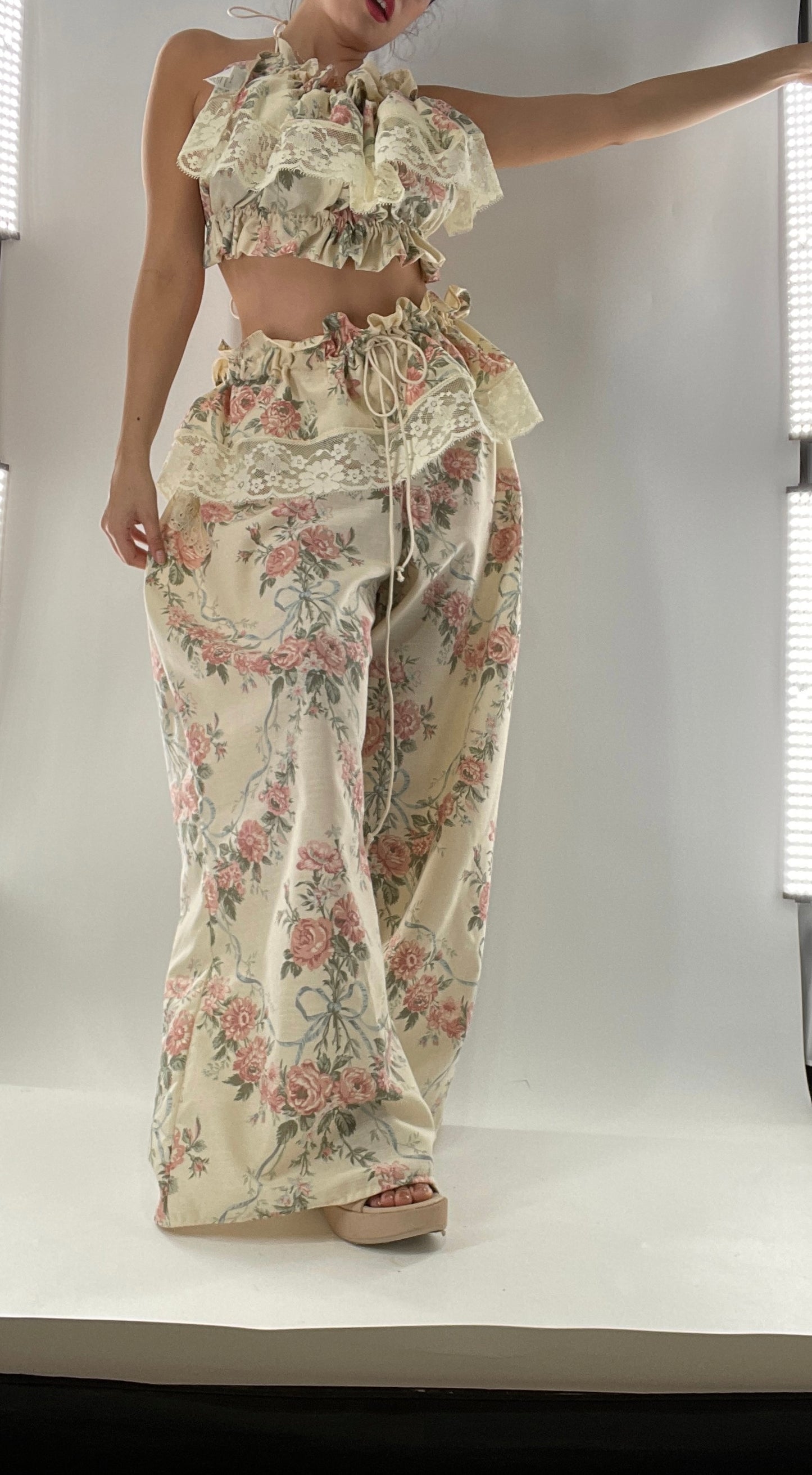 Vintage Set Covered in Delicate Dainty Florals, Bows and Lace (One Size, Adjustable)