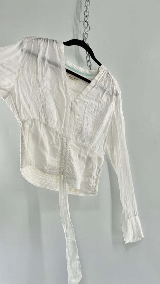 ANTHROPOLOGIE 100% Viscose White Silky Ruche Waist Blouse (Large)