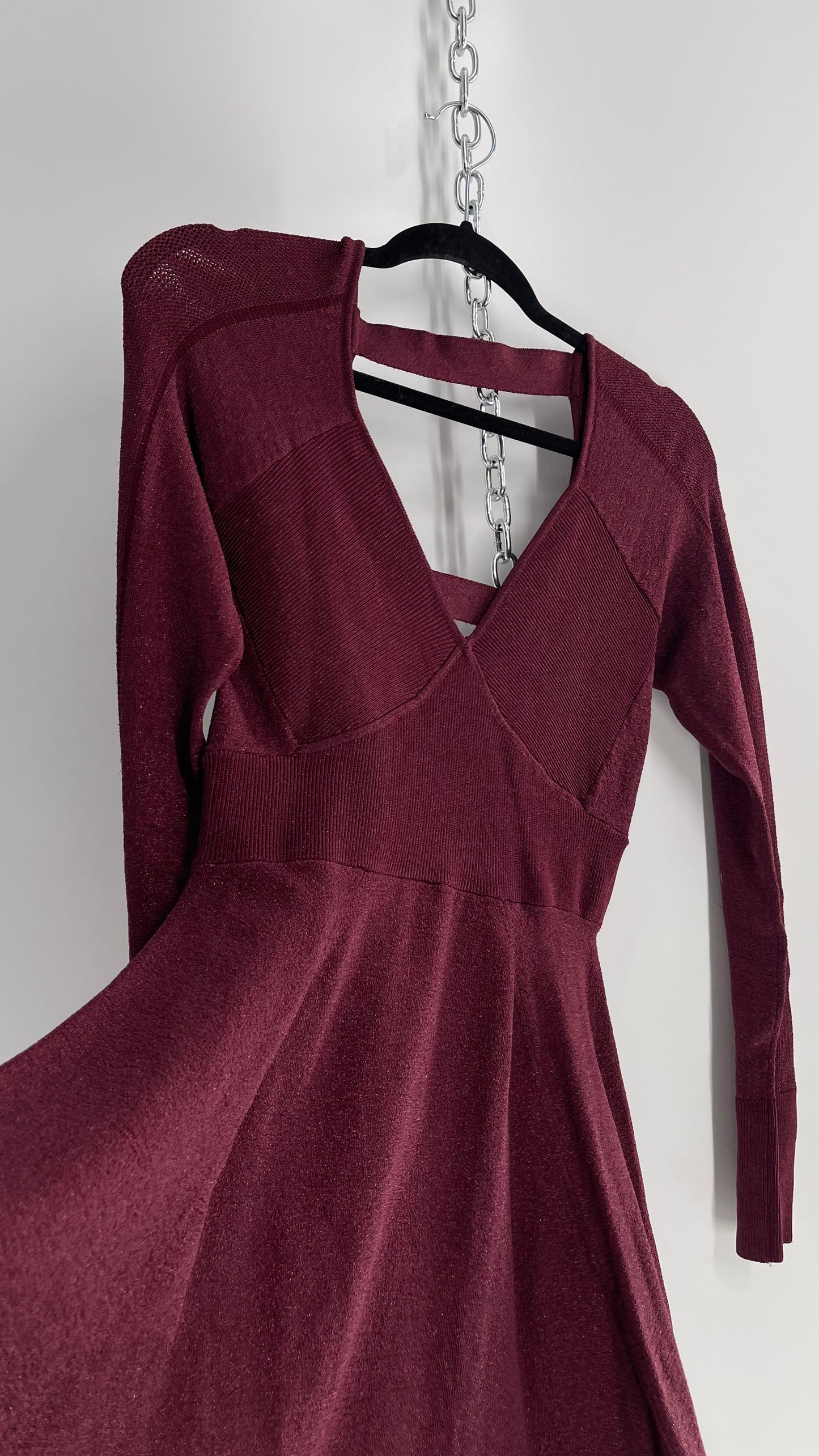 Free People Plum Tinsel Sparkle Long Sleeve Knit Mini Dress (Small)