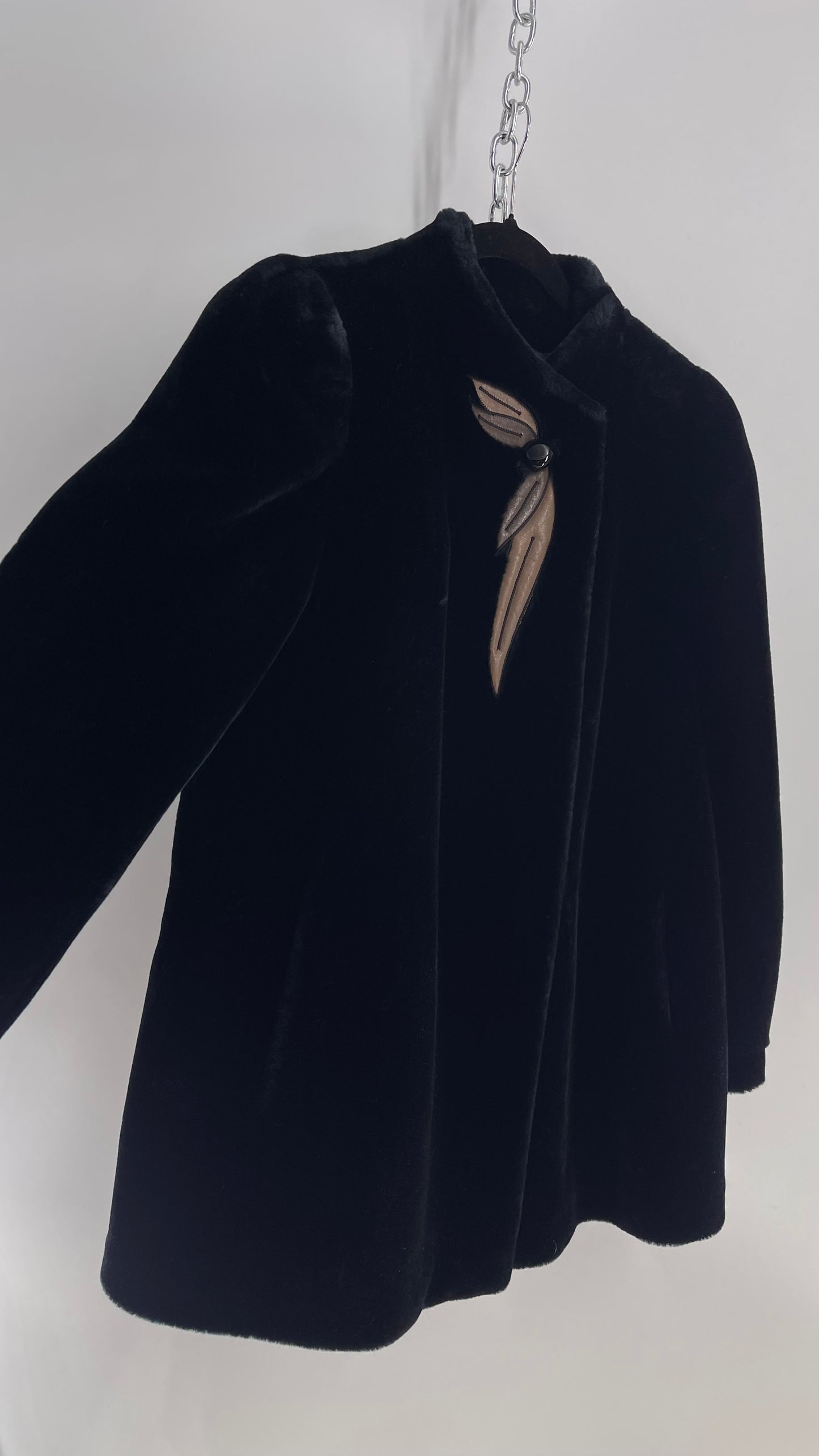 Vintage SASSON Black Faux Fur Coat with Embroidered Leather Patch Detail (Small)