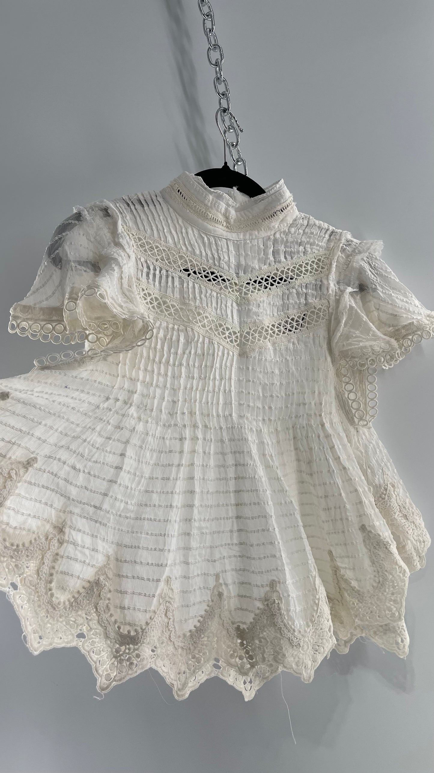 Kimchi Blue White 68% Viscose 32% Cotton Romantic Blouse with High Neck, Textured Body, and Scalloped Lace Hem and Sleeves (Small)