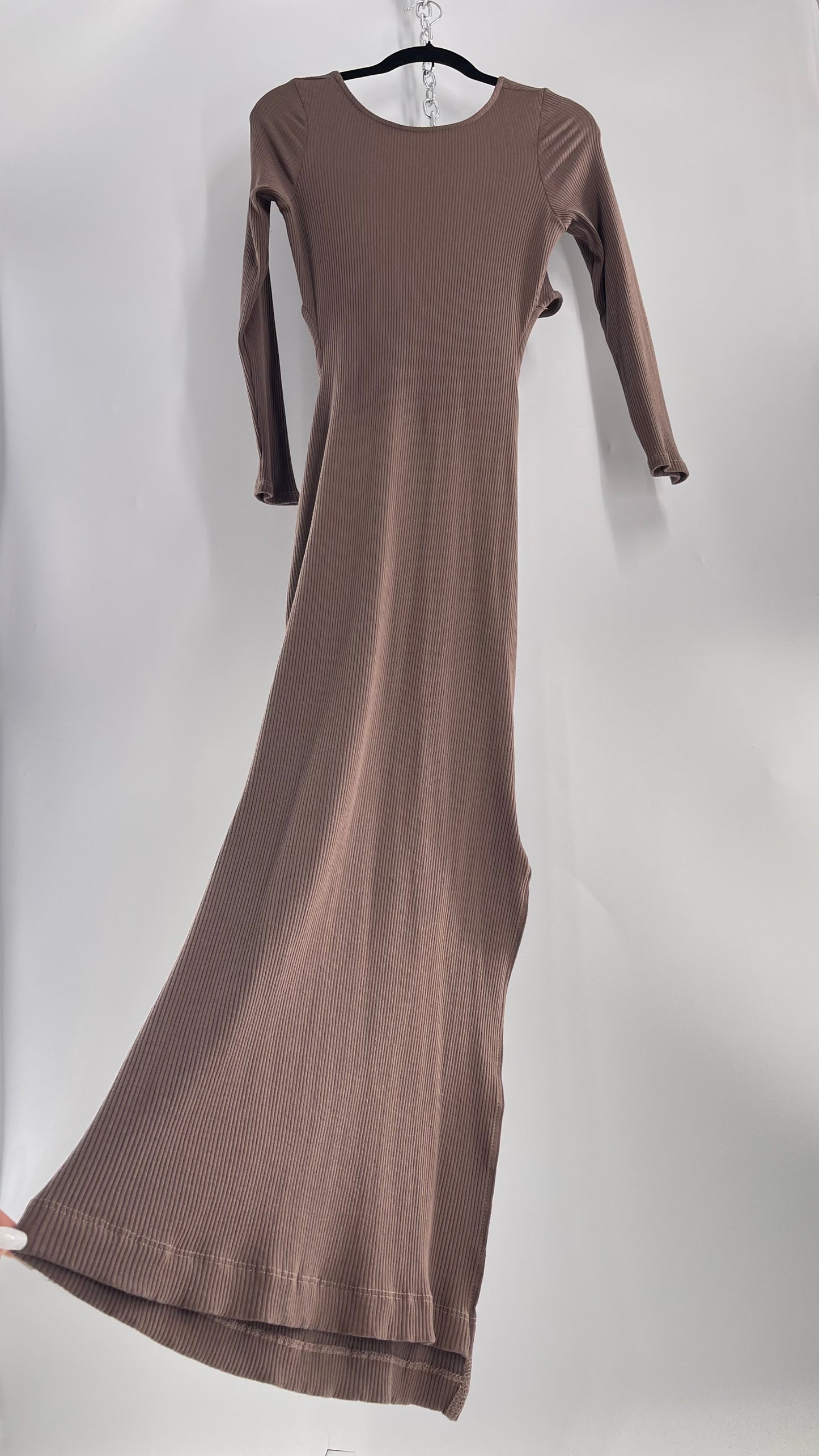 Free People Brown Ribbed Maxi Dress with Low Open Back and Dramatic Tie Detail (Large)