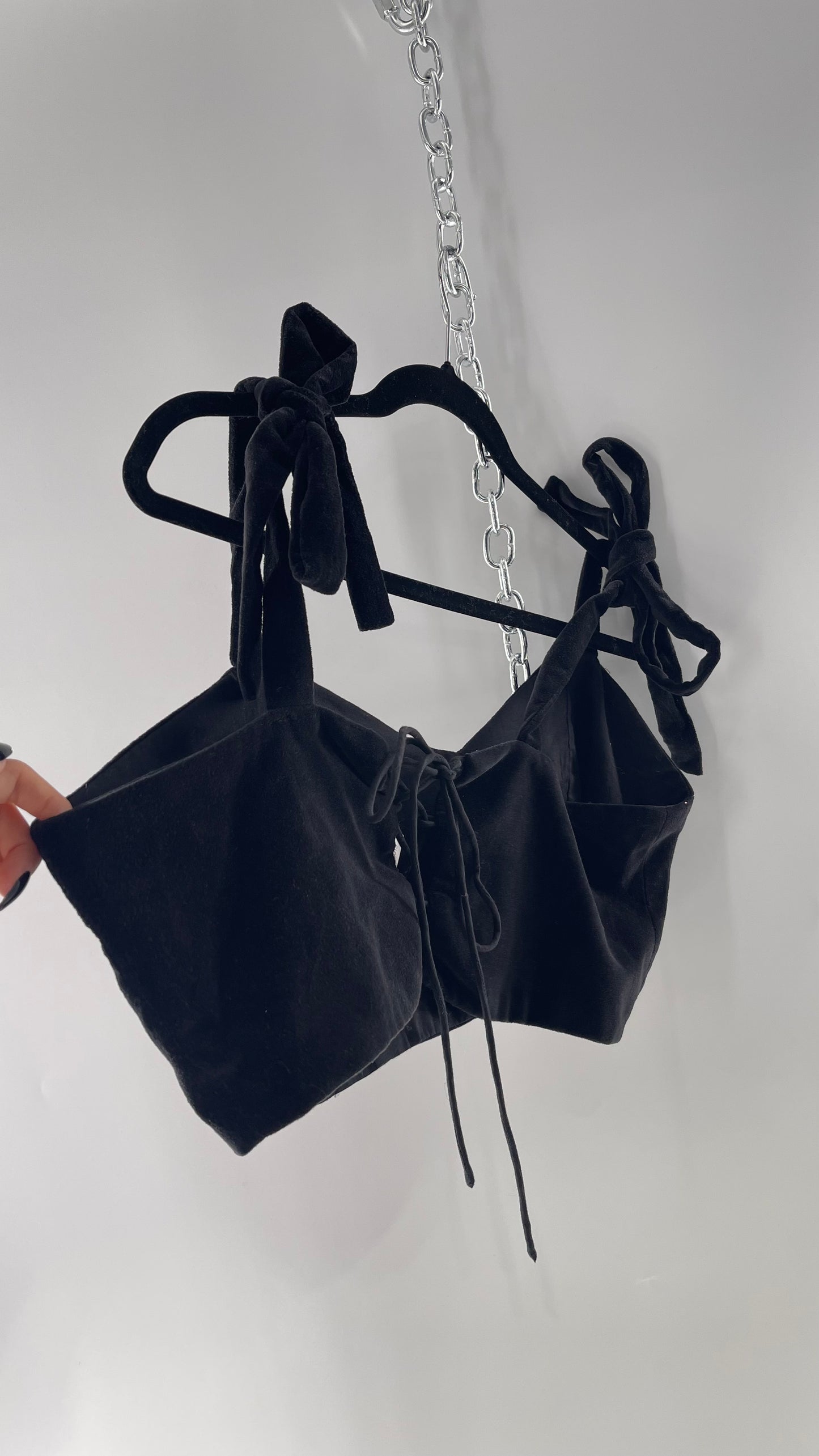 Letmebe Anthropologie Black Velvet Cropped Tank with Delicate, Romantic Tie Shoulders and Lace Up Back (XL)
