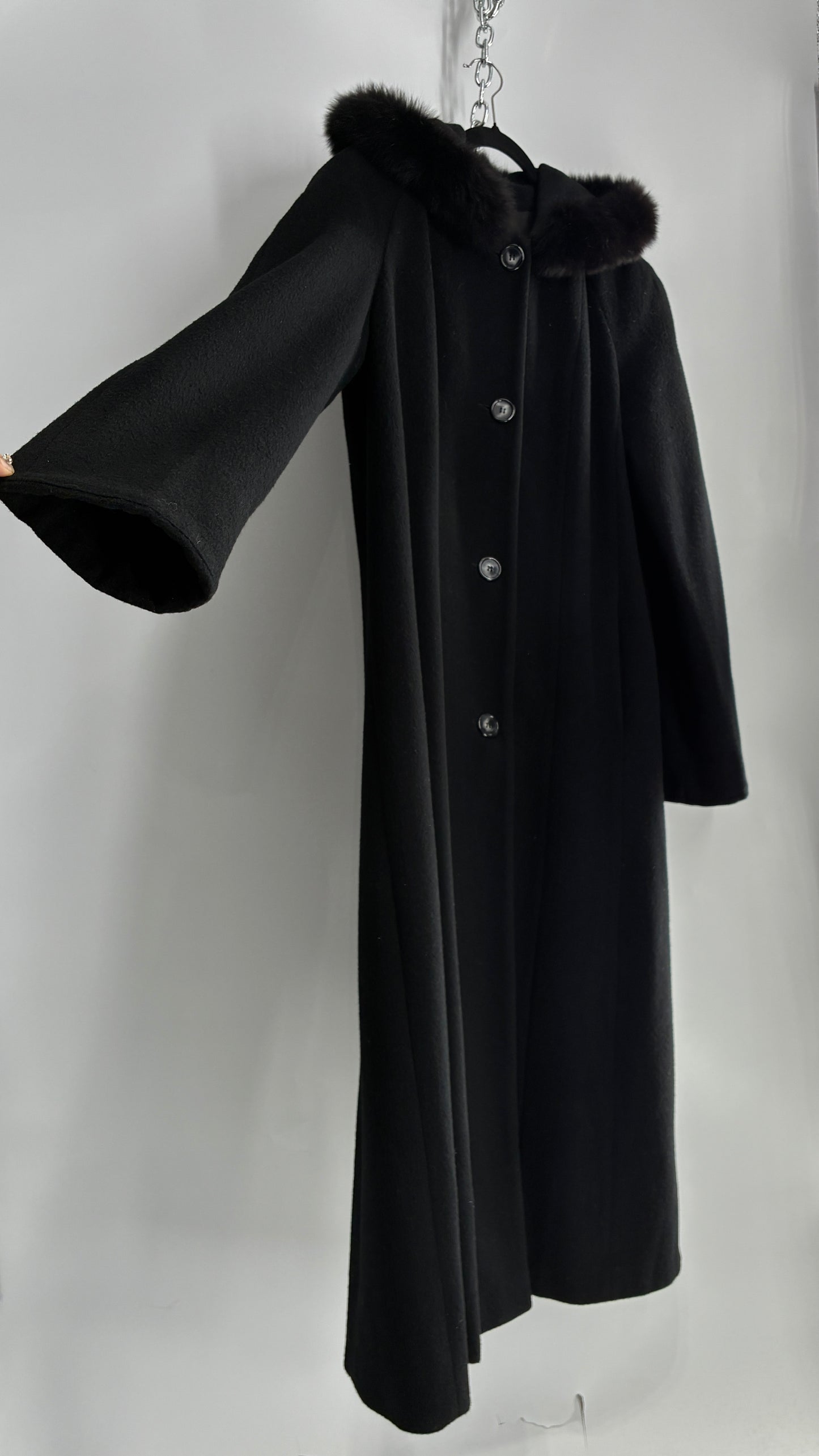Vintage ANDREA COLLECTION Black Wool Blend Full Length Coat with Fur Trim Hood (12)