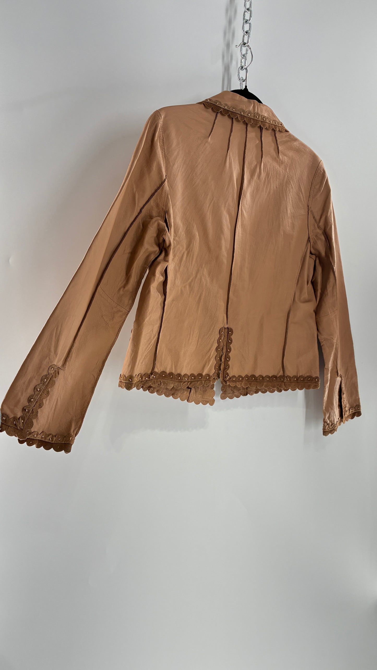RARE Deadstock Vintage Cami Brown Thin Leather Jacket with Suede Scalloped Trim (12)