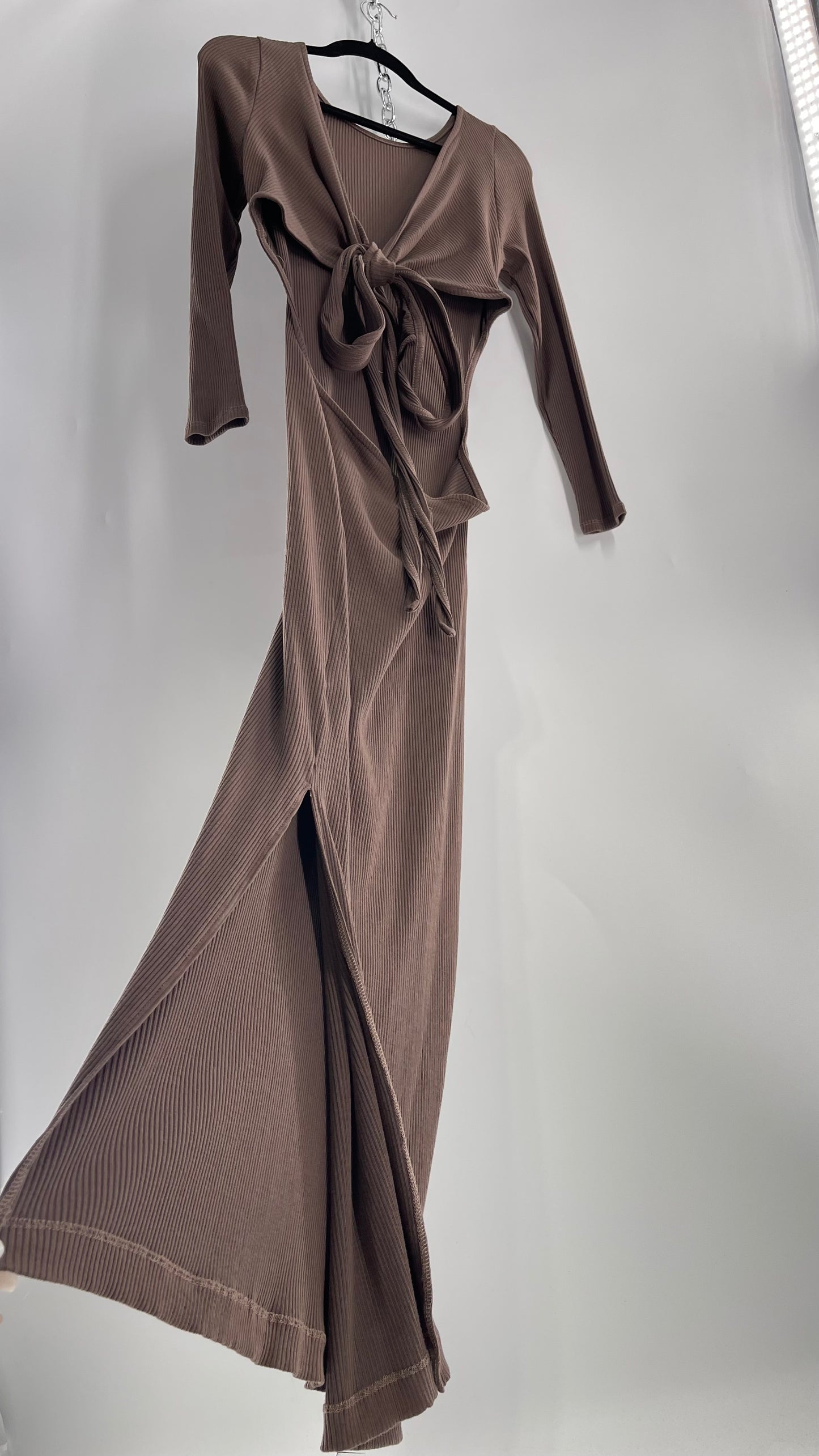 Free People Brown Ribbed Maxi Dress with Low Open Back and Dramatic Tie Detail (Large)