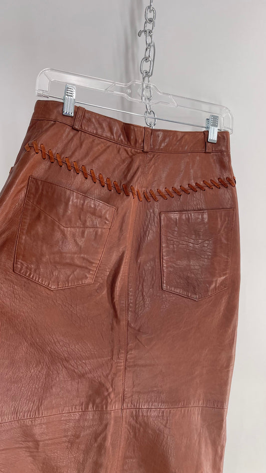 Vintage Diario Italian Brown Leather Long Skirt with Suede Stitch Detail (36)