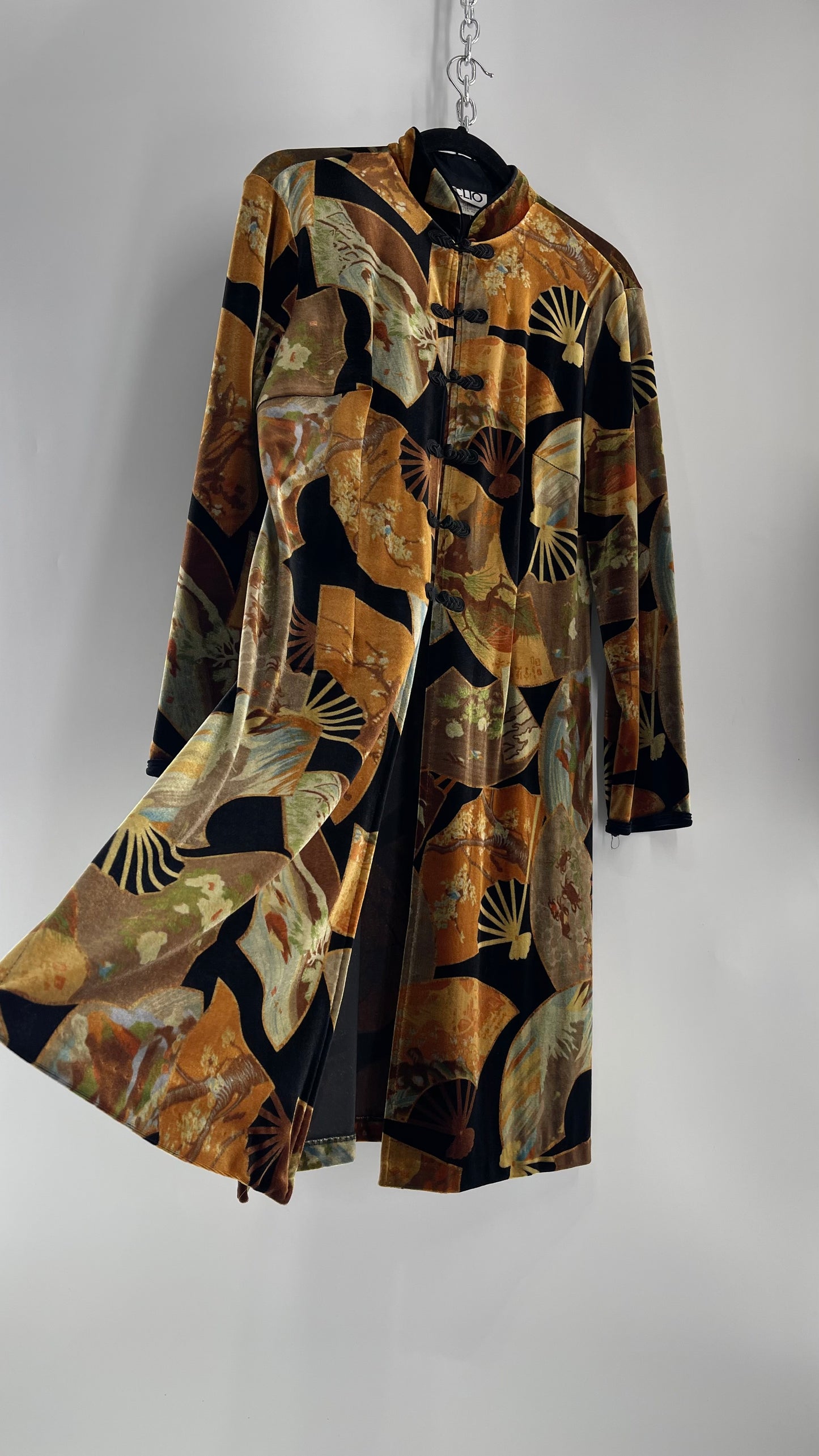 Vintage CLIO 1990s Black Velvet/Velour Fan Patterned Duster Coat (Medium)