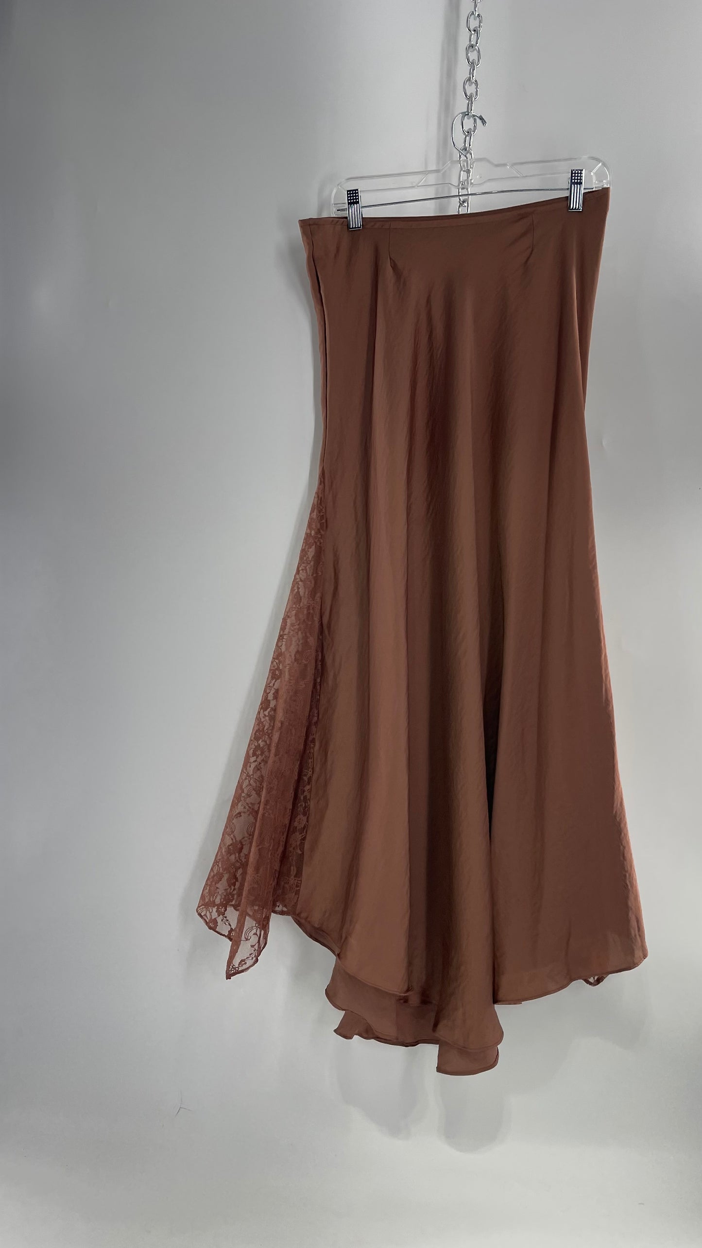 Intimately Free People Brown/Dusty Mauve Satin Maxi Skirt with Lace Paneling (Medium)