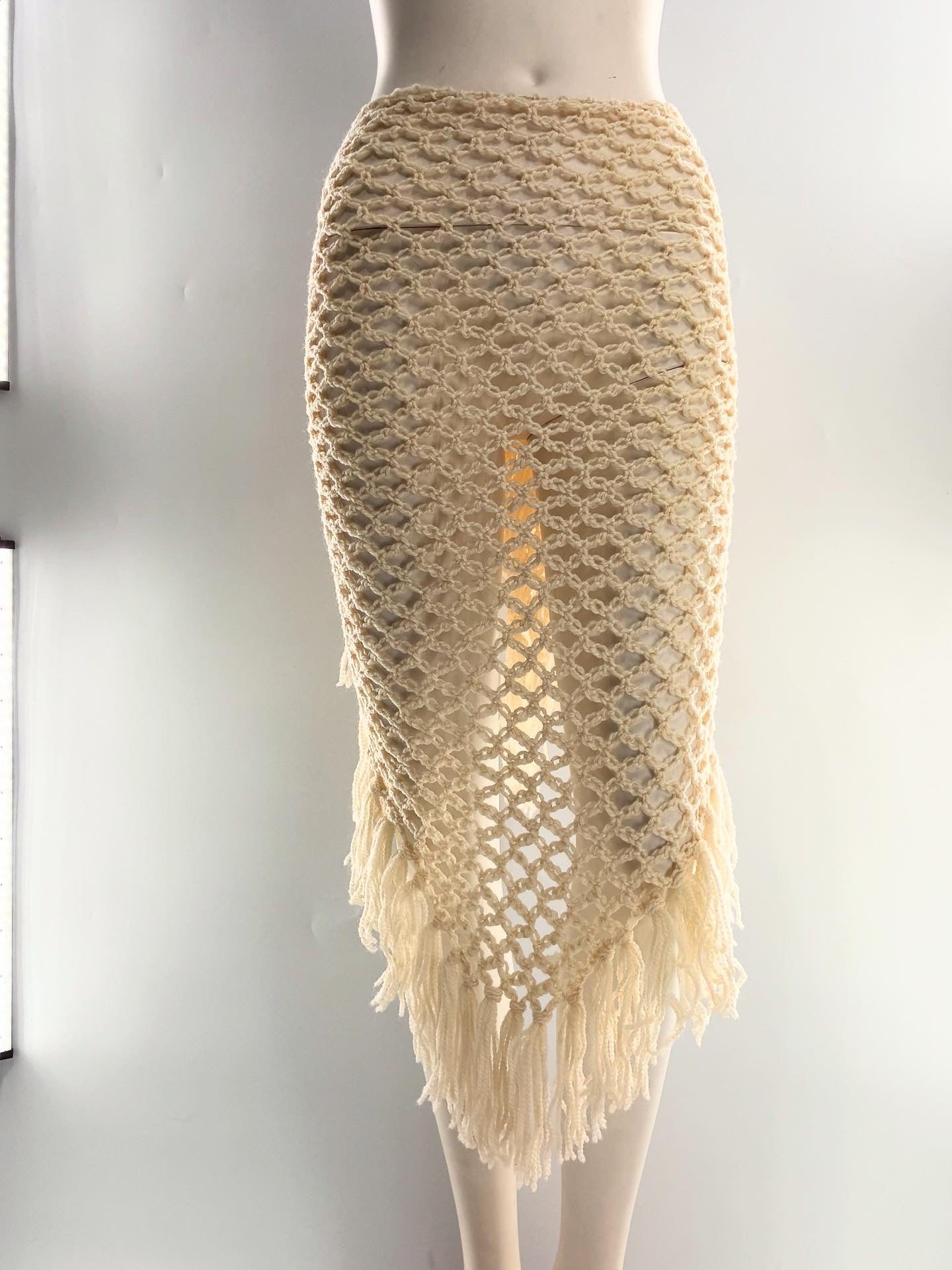 Vintage Off White Fish Net Scarf with Tasseled Ends
