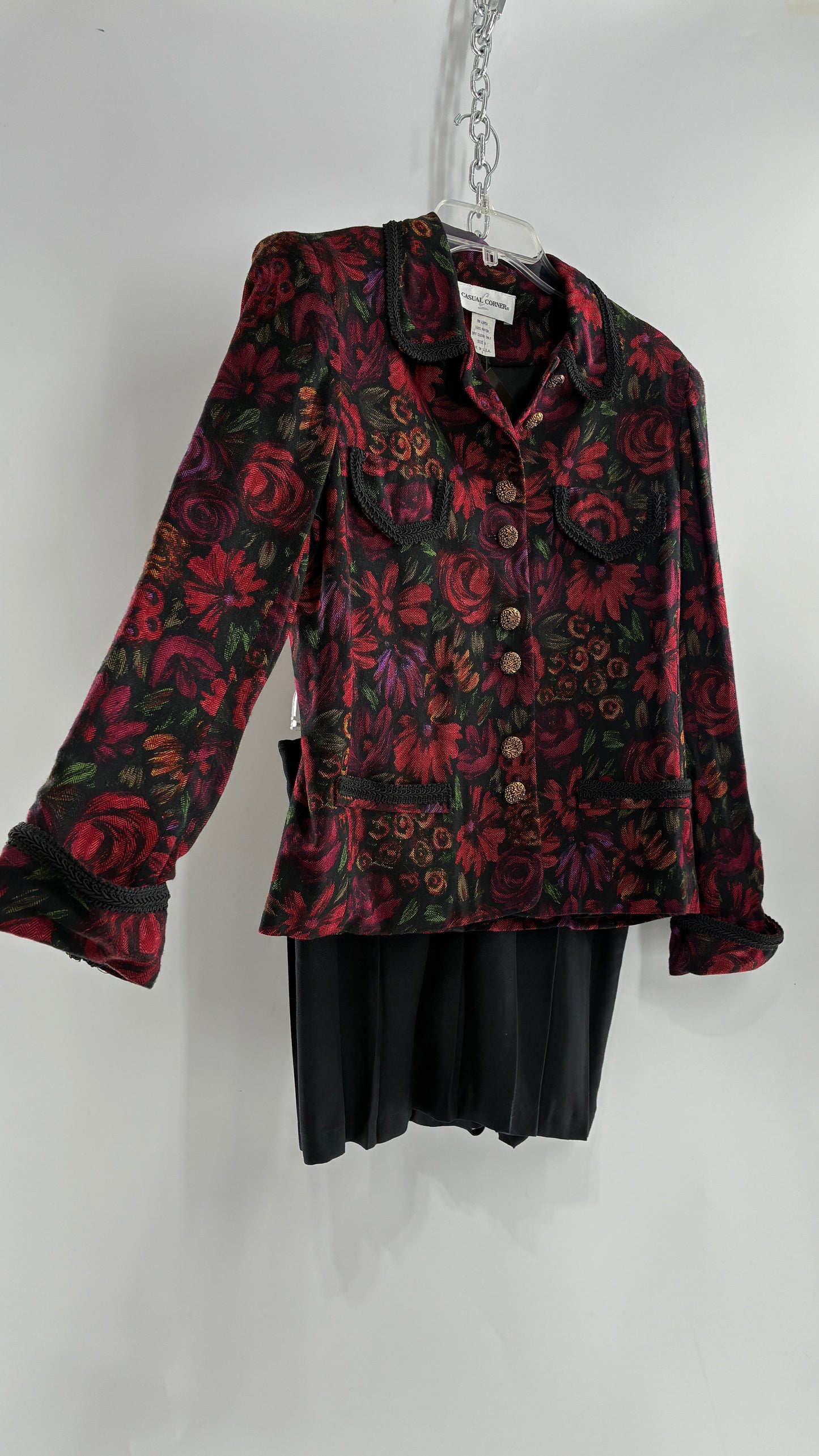 Vintage Suit Set with Gold Button, Deep Floral Blazer and Pleated Upcycled Mini Skirt (6)
