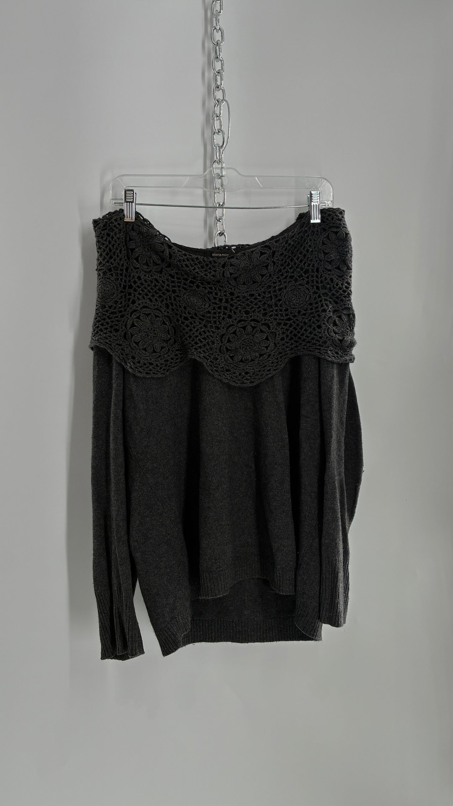 Vintage ELENA MIRO 29% Virgin Wool 8% Angora Wool 8% Cashmere Grey Off the Shoulder Crochet Band Sweater (Medium)