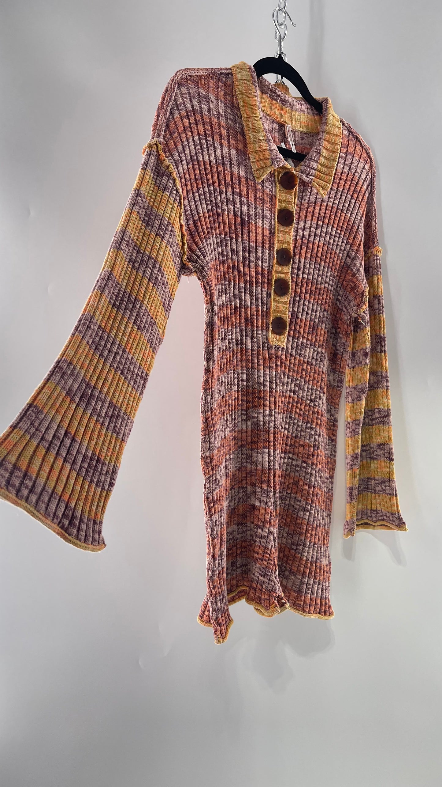 Free People Sunset Thick Knit, Collared, Brown Button Front Shorts Romper with Bell Sleeve (XS)