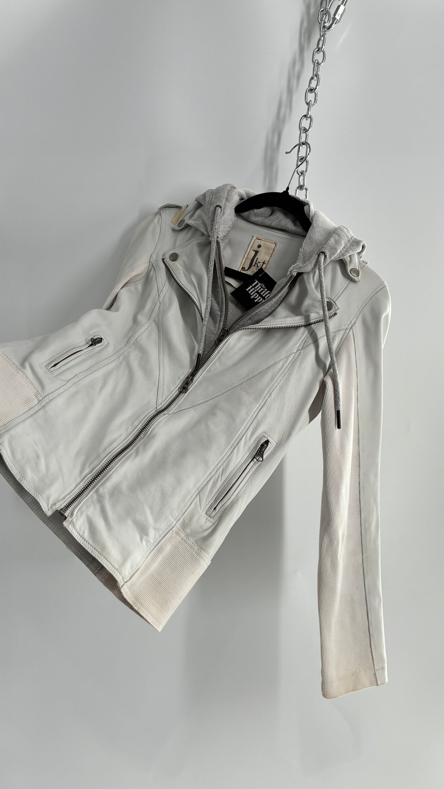 Jakett White Molly Burnished White Genuine Leather Double Layer Moto Jacket with Removable Grey Hoodie Insert (XS)