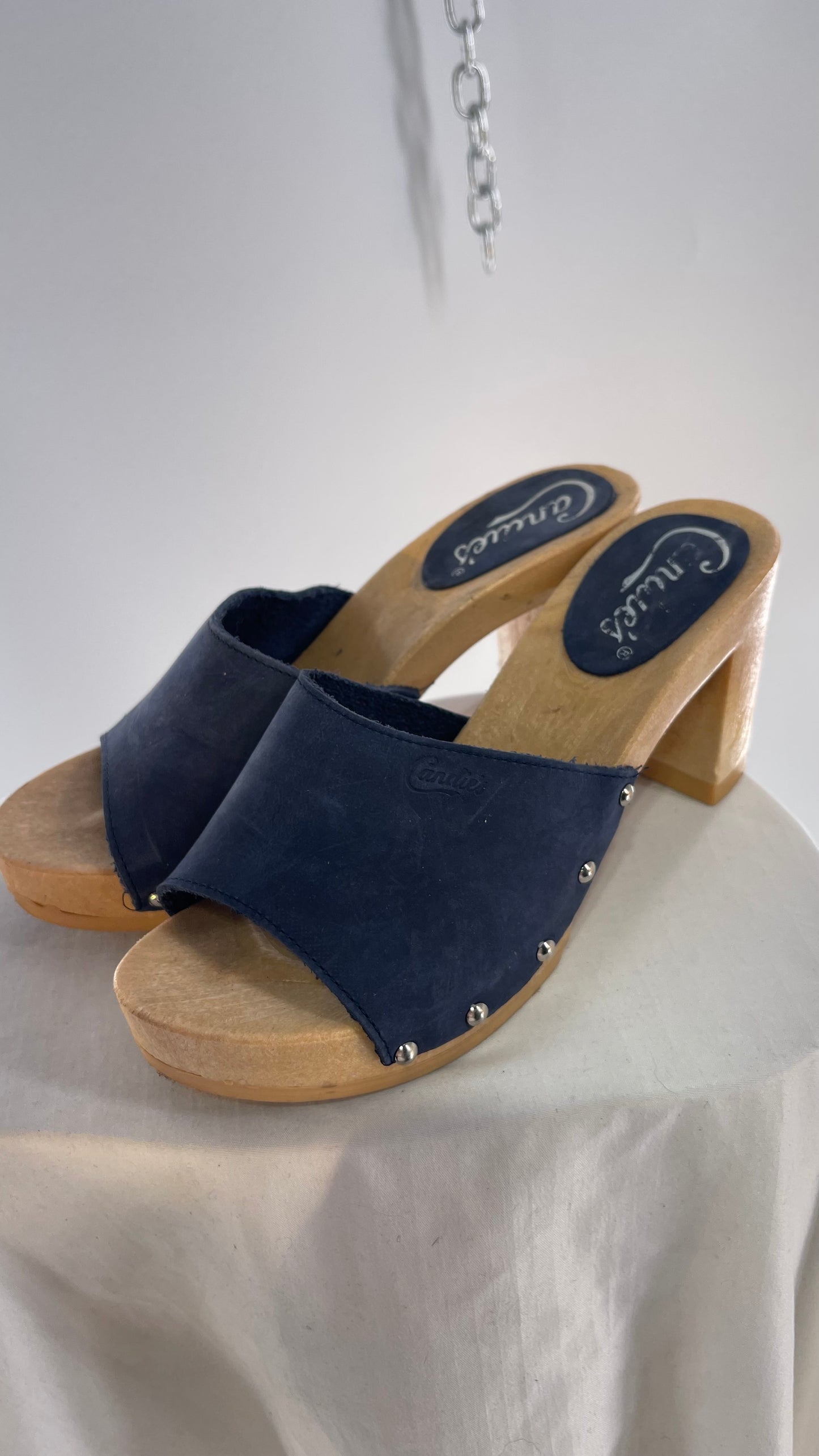 Vintage Candies 1980s Navy Blue HOT Side Studded High Heel Slides (8)